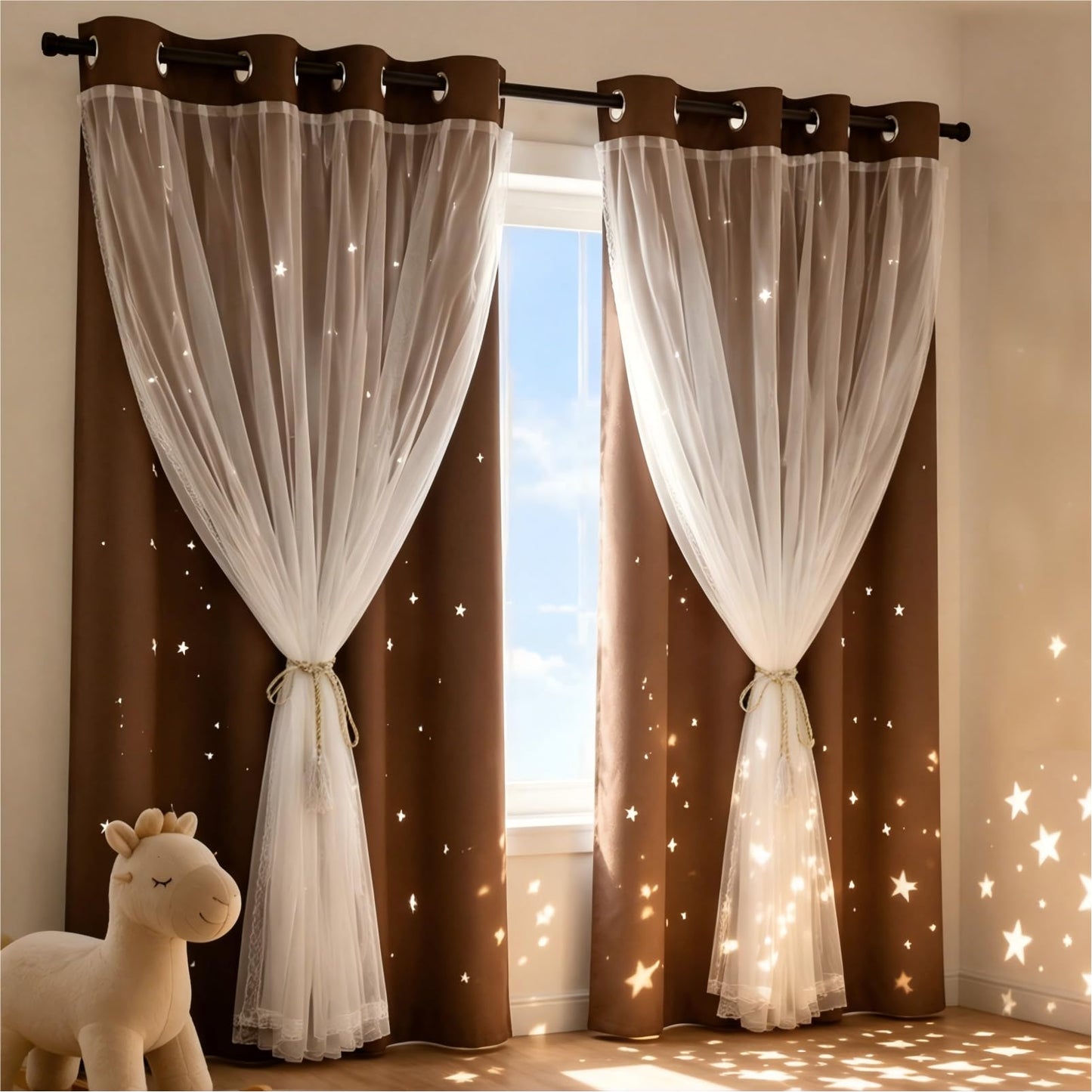 Kinryb Kids Blackout Curtains for Bedroom/Living Room/Classroom, Sheer Overlay Small 2 Panel Set, Double Layer Curtains with Star Cutout for Kids Room(W 52 x L 45 Inches,Coffe 2 Pcs)