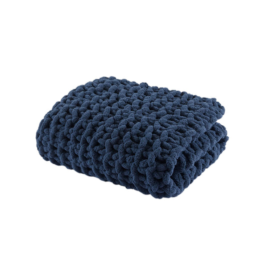 Madison Park Chenille Chunky Knit Handmade Throw Blanket, Luxuriously Soft Gift Blankets, Cottage Style Room Décor, Lightweight & Breathable All Seasons Throw Blanket for Couch, 50"W x 60"L Navy Blue