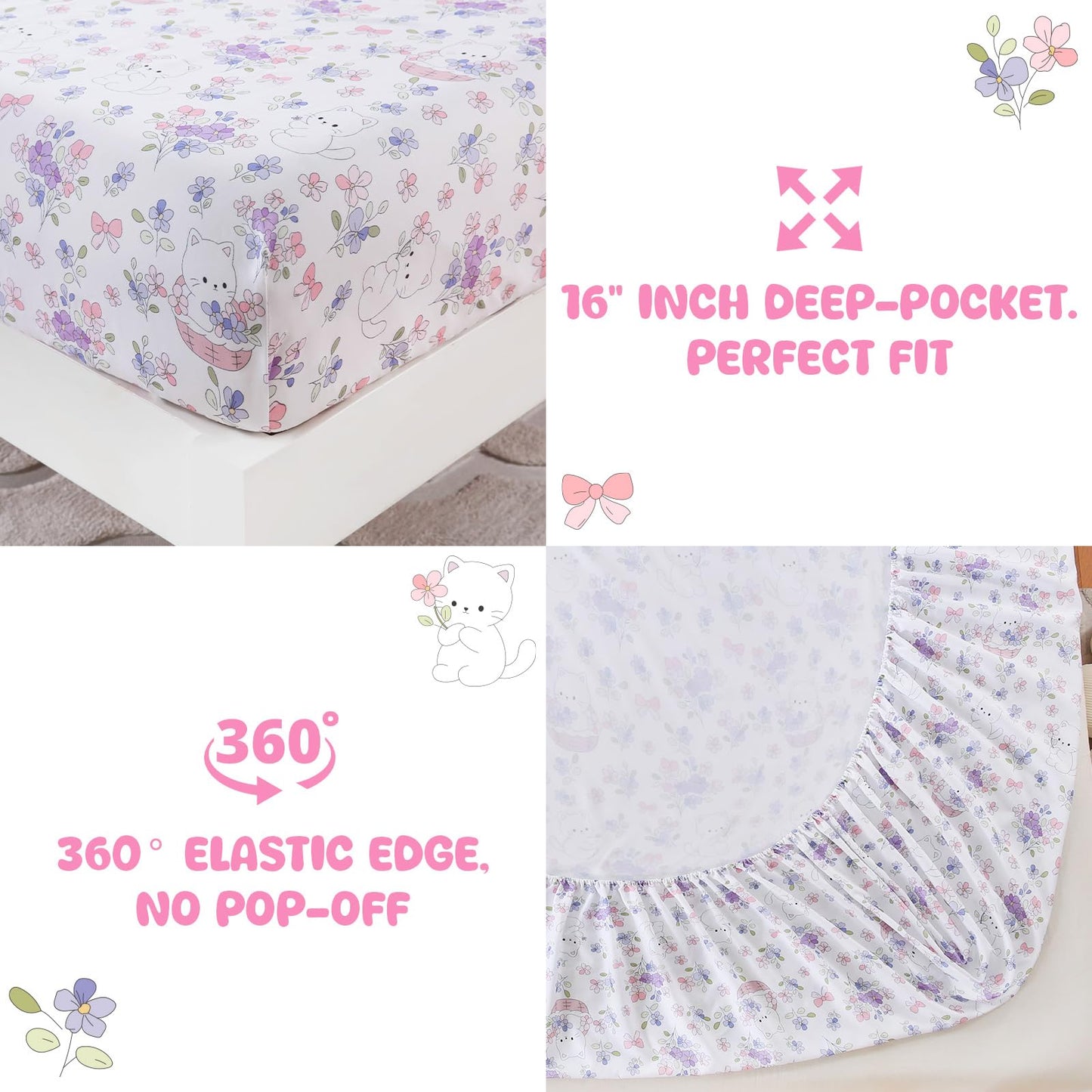 MICORAL Kids Twin Sheet Set Purple Flowers Cats, 3 Pieces Sheets for Boys & Girls, Soft Printed Microfiber Bed Sheets, Deep Pocket Cozy Toddler Bedding Set, Purple Flowers Cats