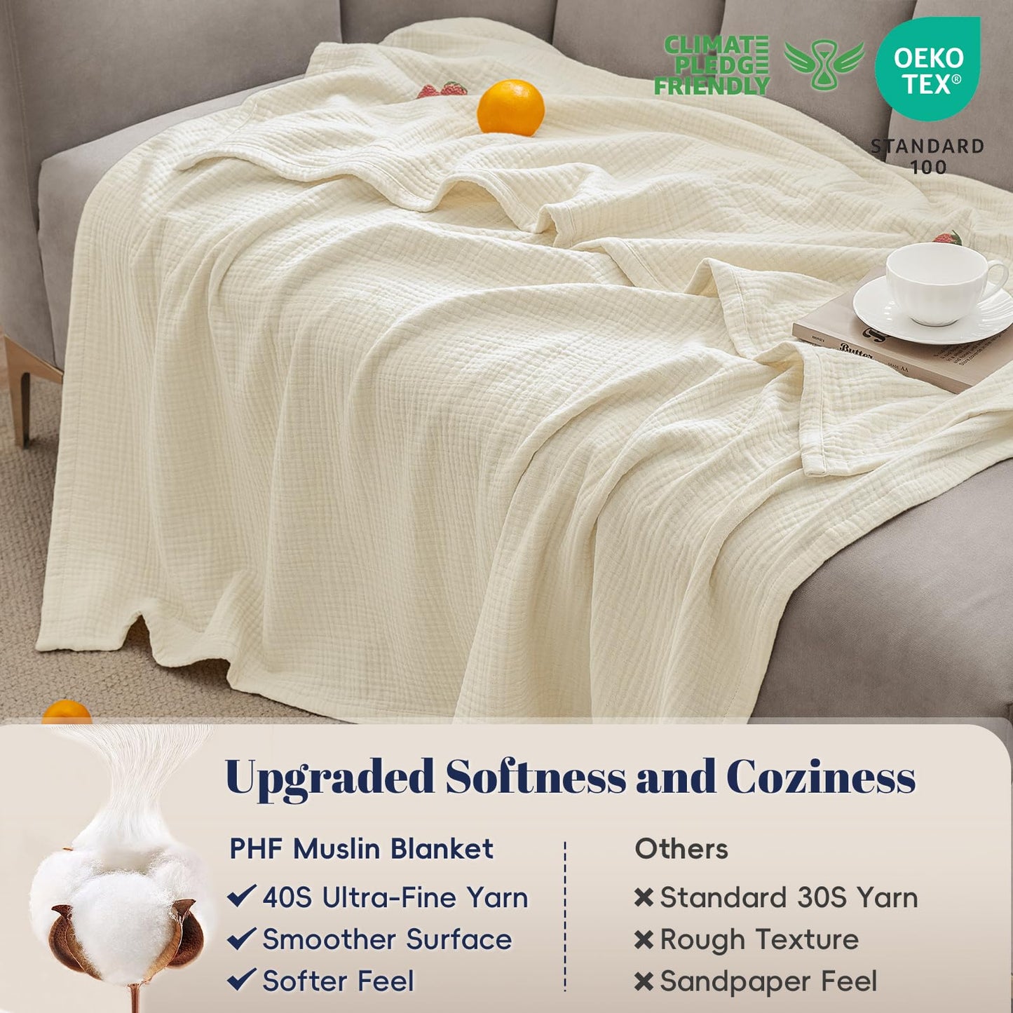 PHF 100% Cotton Muslin Throw Blanket 50" x 60", 4-Layer Lightweight Gauze Throw, Breathable Cloud-Soft Minimalist Blanket for Bed, Couch, Camping, Birch, Ideal Gift