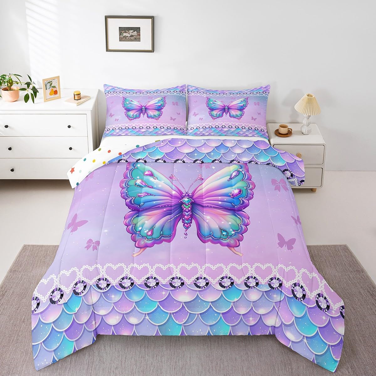 Erosebridal Butterfly Queen Size Bedding Set 3 Piece, Mermaid Scales Down Comforter for Kids Girls Women Room, Kawaii Love Heart Comforter Set, Dreamy Princess Maeine Life Quilt, Purple Blue