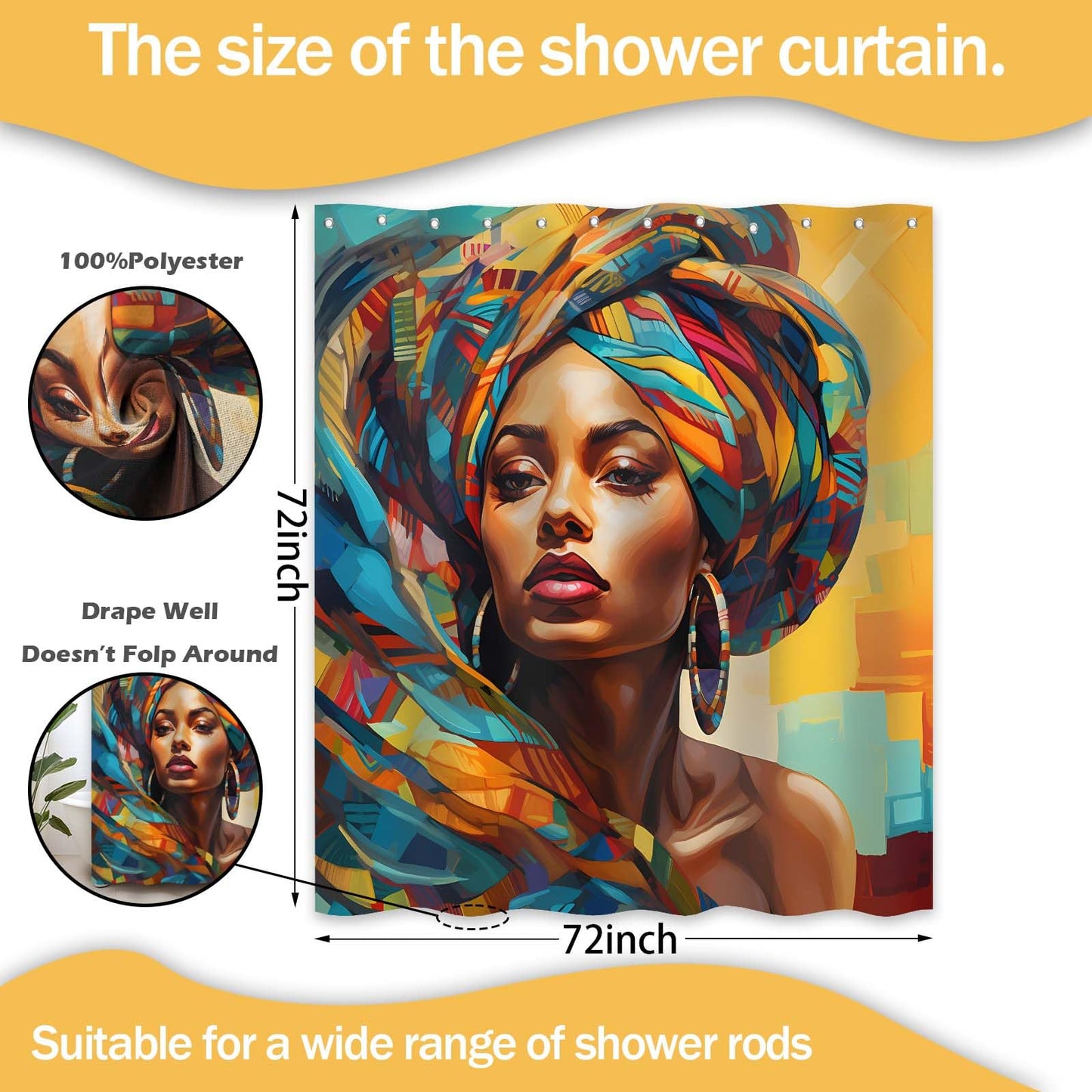 DLTAY African Shower Curtain, Afro Black Girl, 72x72 inches