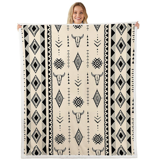 Erosebridal Western Aztec Boho Sherpa Blanket, Bull Skull Fleece Blanket Twin Size for Boys Girls Men Women Home Decor, Southwestern Cowboy Fuzzy Plush Throw, Ethnic Horns Decor for Bed Couch