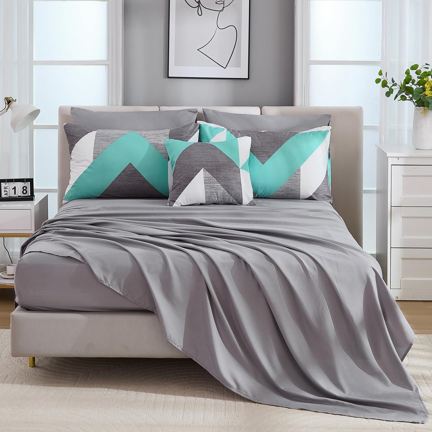 Bedbay Teal Grey Queen Comforter Set with Sheets 8 Pcs Queen Bed in a Bag Modern Geometric Chevron Print Luxury Western Bedding 1 Comforter 4 Pillowcases 1 Flat Sheet 1 Fitted Sheet 1 Cushion Cover