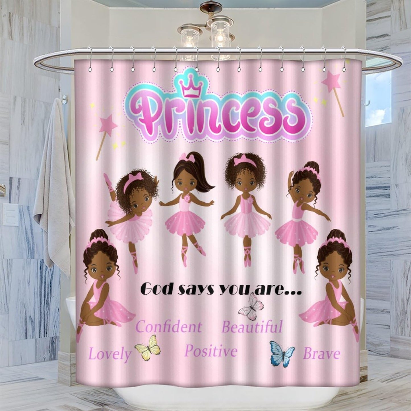 DDCBNS Ballerina Princess Pink Shower Curtain,Cute Cartoon Black Girls Print Shower Curtain for Bathroom Decor Fabric Waterproof Upholstery Hook 66x72 Inches