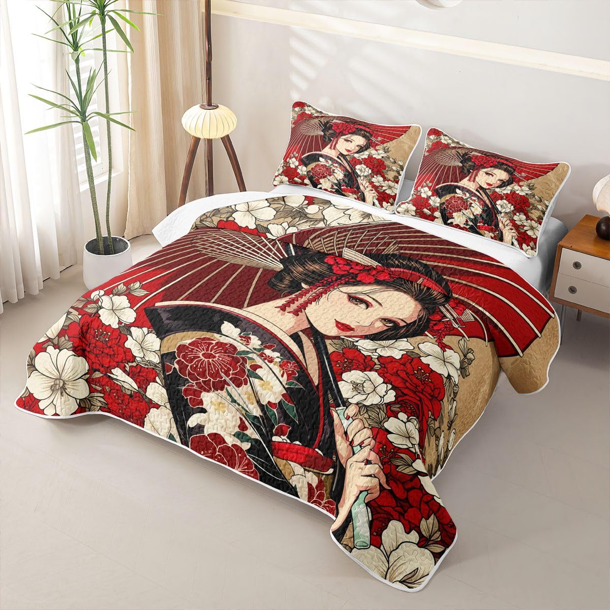 Erosebridal Geisha Quilt Twin Size - Japanese Bedspread Traditional Geisha Bed Coverlet with 1 Pillowcase