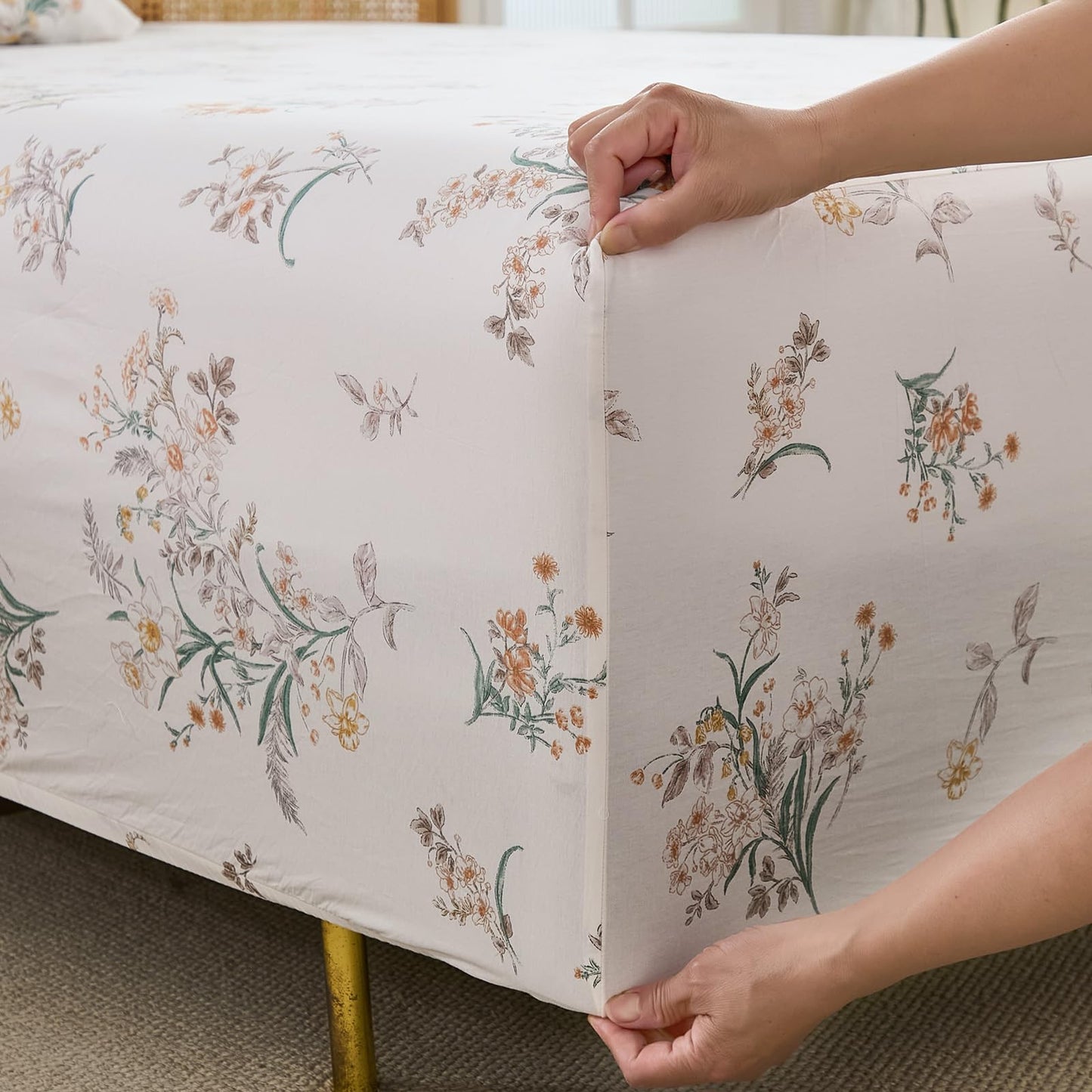 Cozaline 100% Cotton Sheet Set King Size – 4-Piece Shabby Chic Floral Bedding Set, Soft Breathable Percale Weave, Deep Pocket Fitted Sheet 17.5", Crisp Cool Feel, Refined Botanical Elegance