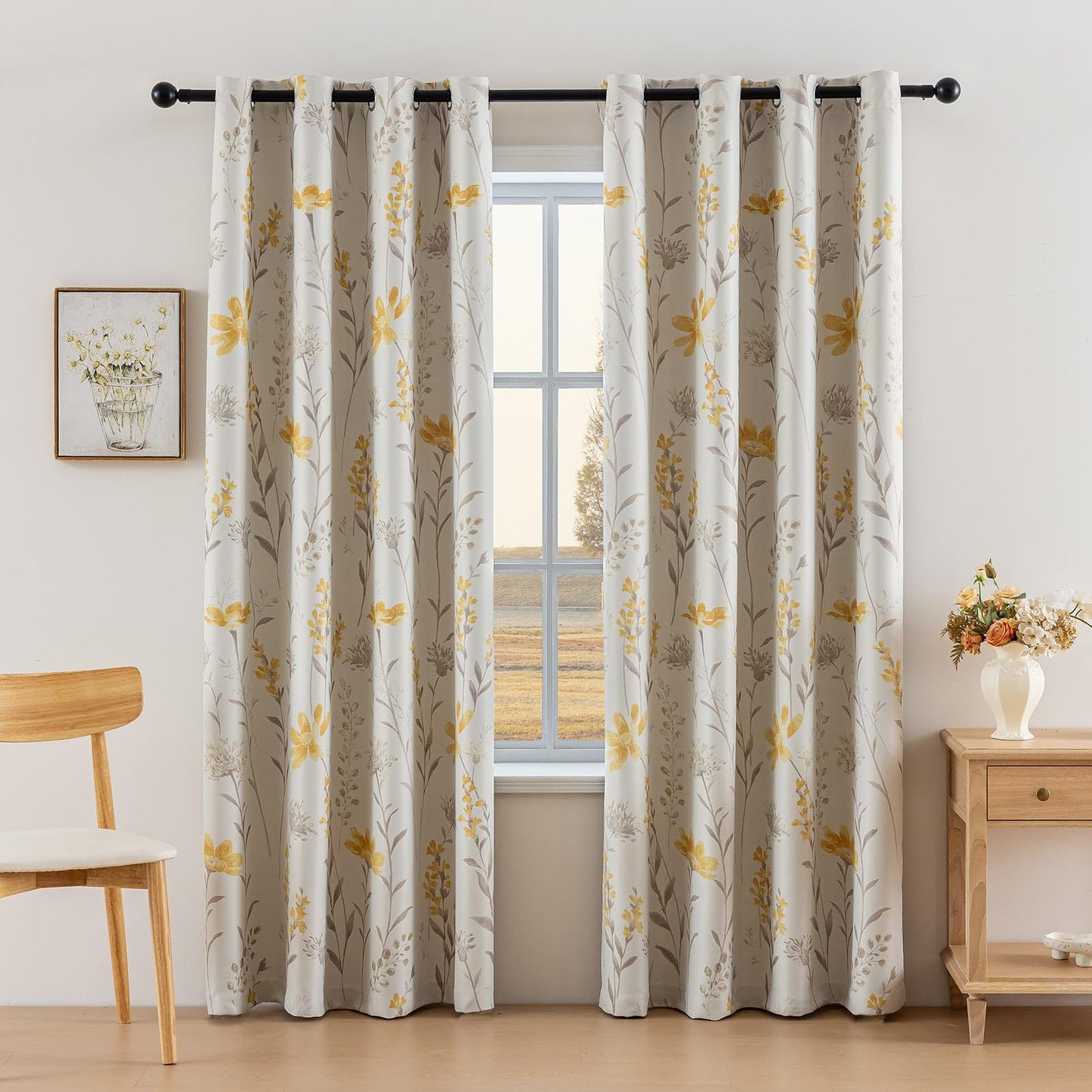 SUOUO Yellow Floral Blackout Curtains for Bedroom 84 inches Long Patterned Grey Leaf Thermal Insulated Window Drapes for Living Room 2 Panels
