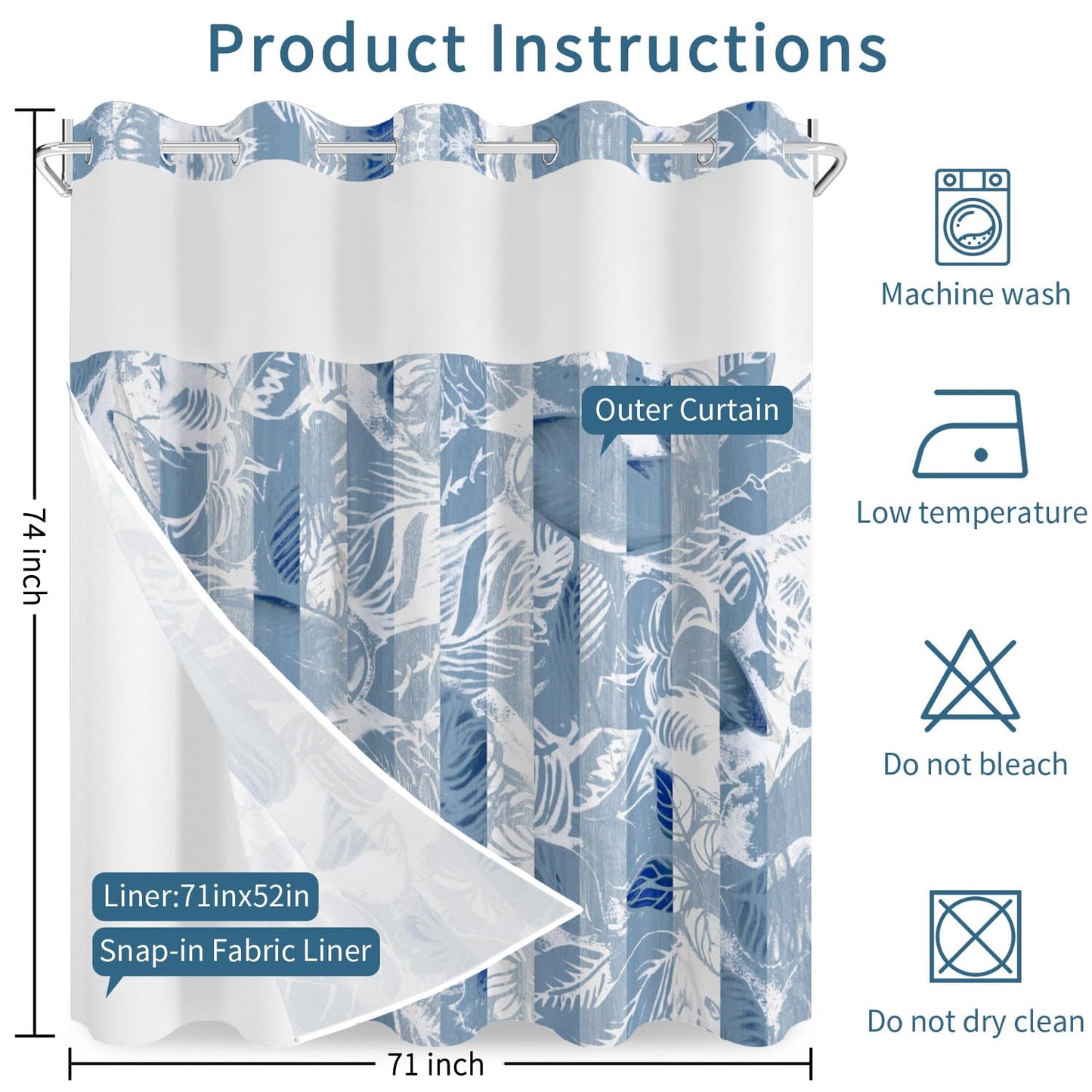 NAEMBCU Blue Striped No Hook Shower Curtain with Snap in Liner Set 71x74in