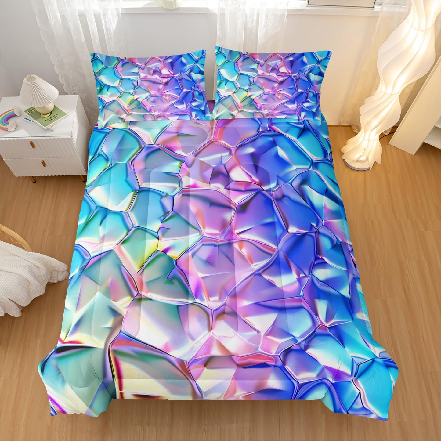Nttopship Purple and Blue Abstract Art Comforter Modern Abstract Comforter Set,Laser Gradient Bedding Set Full Size,Mordern Art Decor All Season Lightweight Soft Microfiber with 2 Pillow Shams