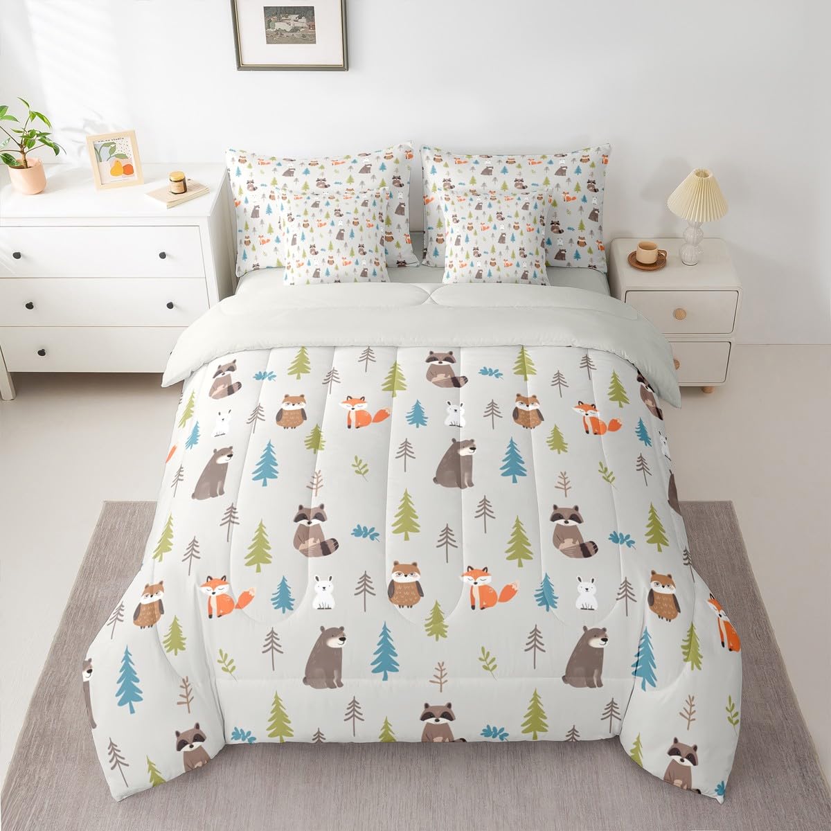 Erosebridal Woodland Animals 7 Piece Comforter Set Twin for Nursery Child Bedroom | Cute Fox Bear Raccoon Bedding Set Wildlife Sheet Set Kids Cartoon Wild Animals Duvet Insert Botanical Trees Quilt
