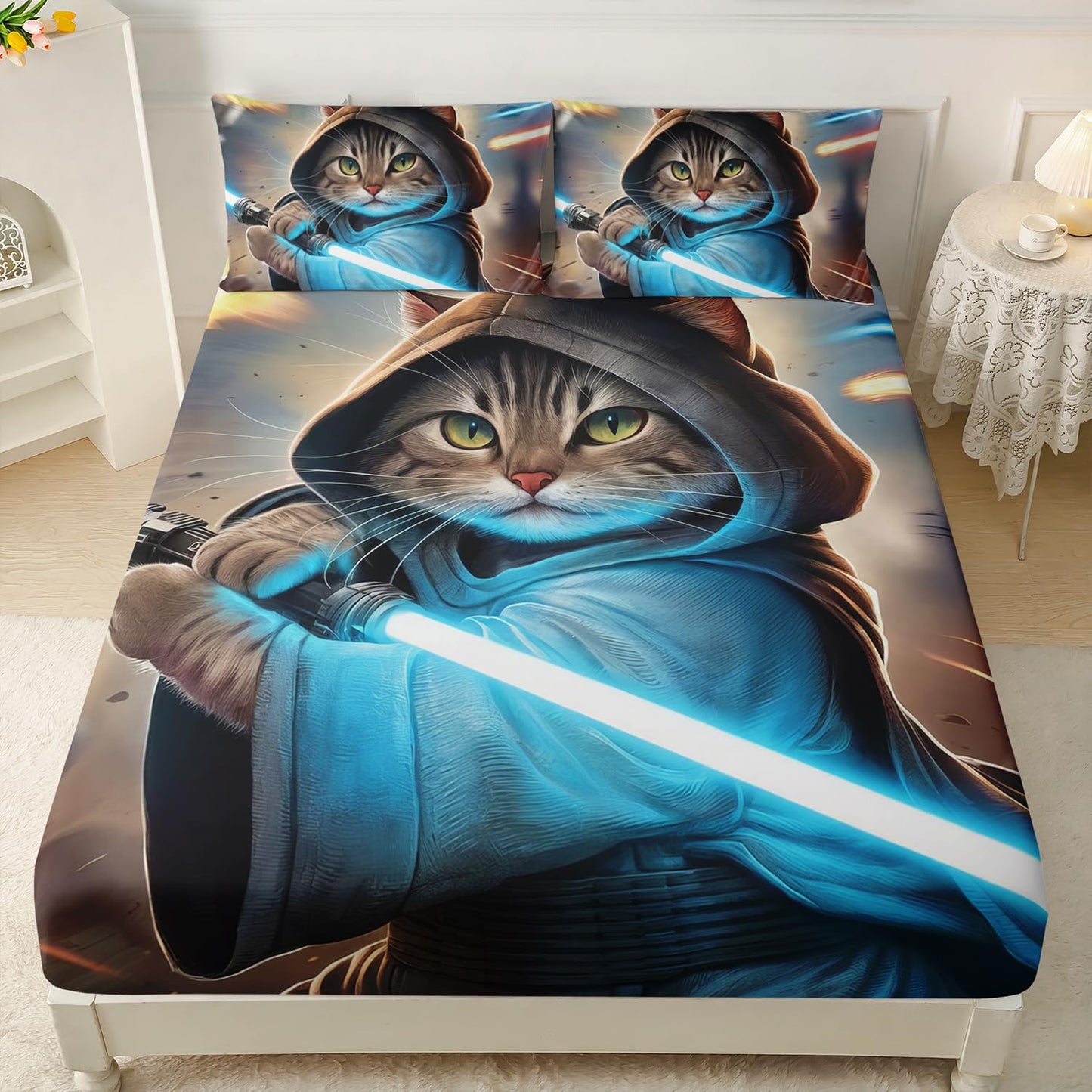 AILONEN 3D Cat Fitted Sheet Set Twin Size, Funny Swordsman Kitten for Kids,Boys,Kawaii Kitten Animal Bed Sheet Set,3-Pieces,1 Sheet Set with 2 Pillowcases,Breathable