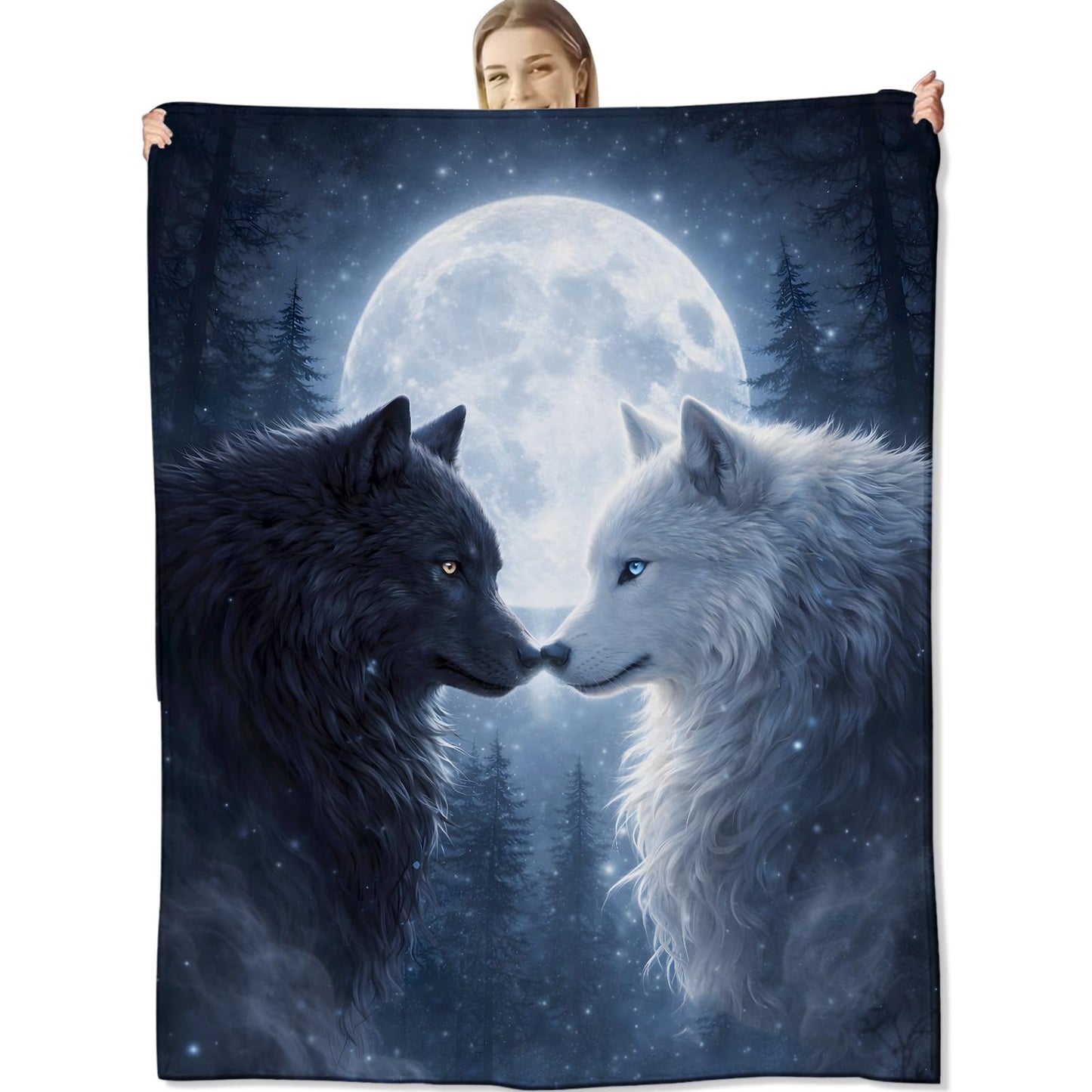 cromcu Wolf Blanket for Nature and Wildlife Lovers, Black and White Wolf Flannel Blankets, Northern Forest Art Gifts, Soft Warm Cozy Throws for Sofa Couch Bed Living Room Bedroom Home Decor 60" x 50"