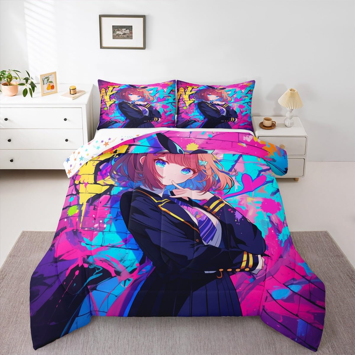 Erosebridal Girls Japanese Anime Comforter Set Twin, Kawaii Anime Girl Bedding Set Cartoon Girl Duvet Insert for Kids Teens Adult, Japanese Animation Sci Fi Style Quilt with 1 Pillow Case