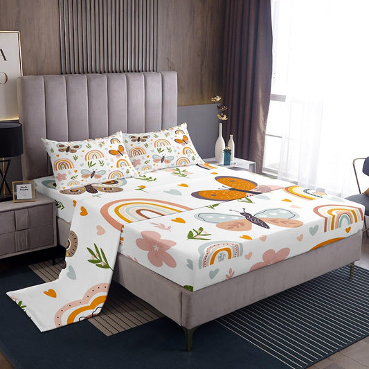 Boho Rainbow Sheet Set Twin Size Cute Butterfly Bedding Set 3Pcs for Kids Girls Boys Adult Room Decor Cartoon Love Heart Palm Leaves Bed Sheet Animals Botanical Fitted + Flat Sheet,1 Pillowcase
