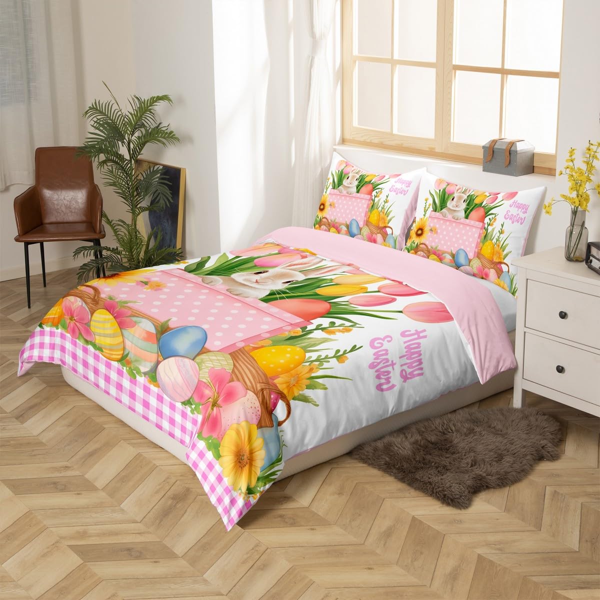 Erosebridal Easter Decorations,Rabbit Comforter Cover Happy Easter Themed Easter Egg Duvet Cover,Pink Yellow Tulip Flowers Checkered Grid Bedding Set Queen,Easter Gifts for Toddlers Kawaii Room Decor