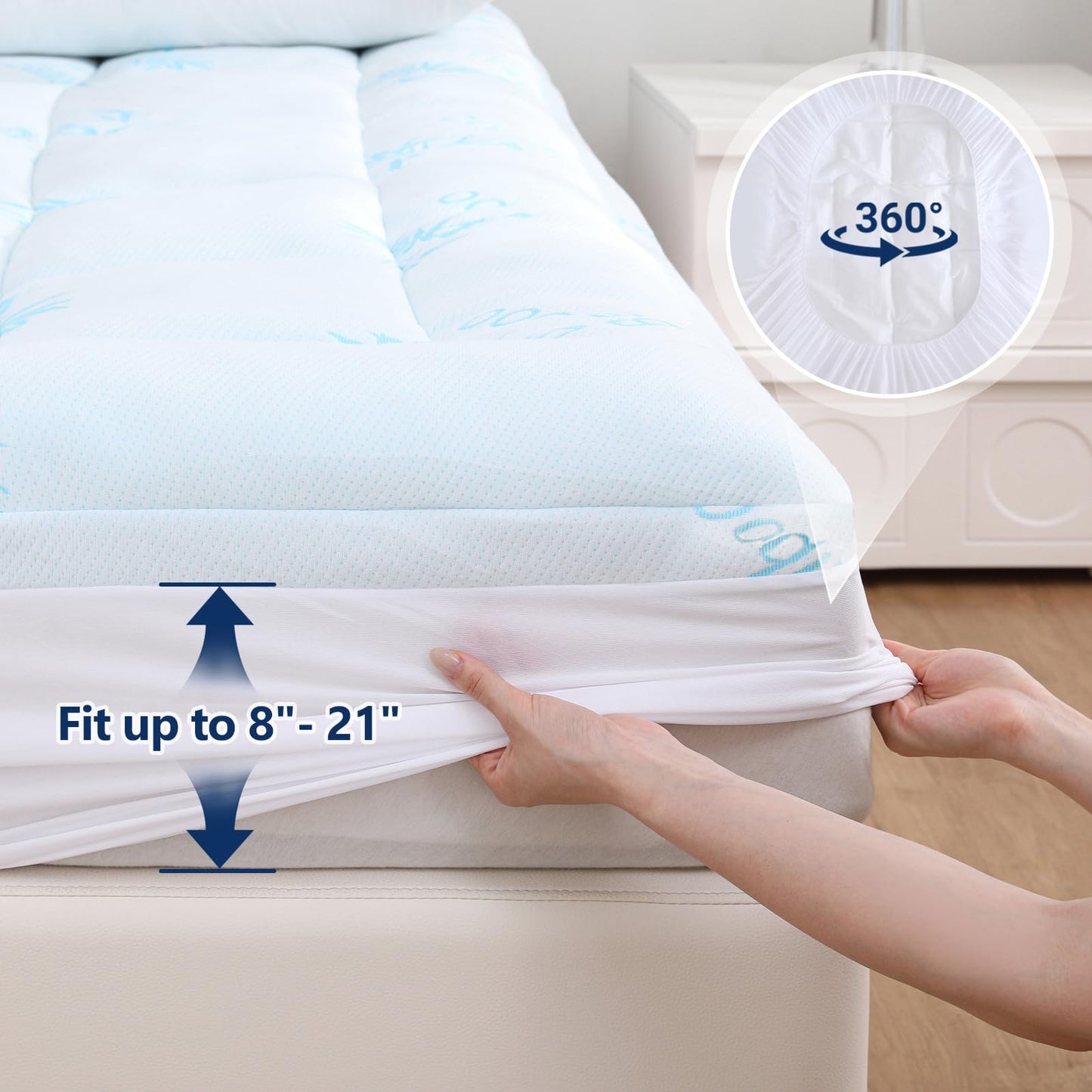 DOWNCOOL 100% Waterproof Full Size Mattress Topper, Cooling Pillow Top Memory Foam Mattress Topper for Hot Sleepers, Viscose Derived from Bamboo, Deep Pocket Fits 8-21 Inch