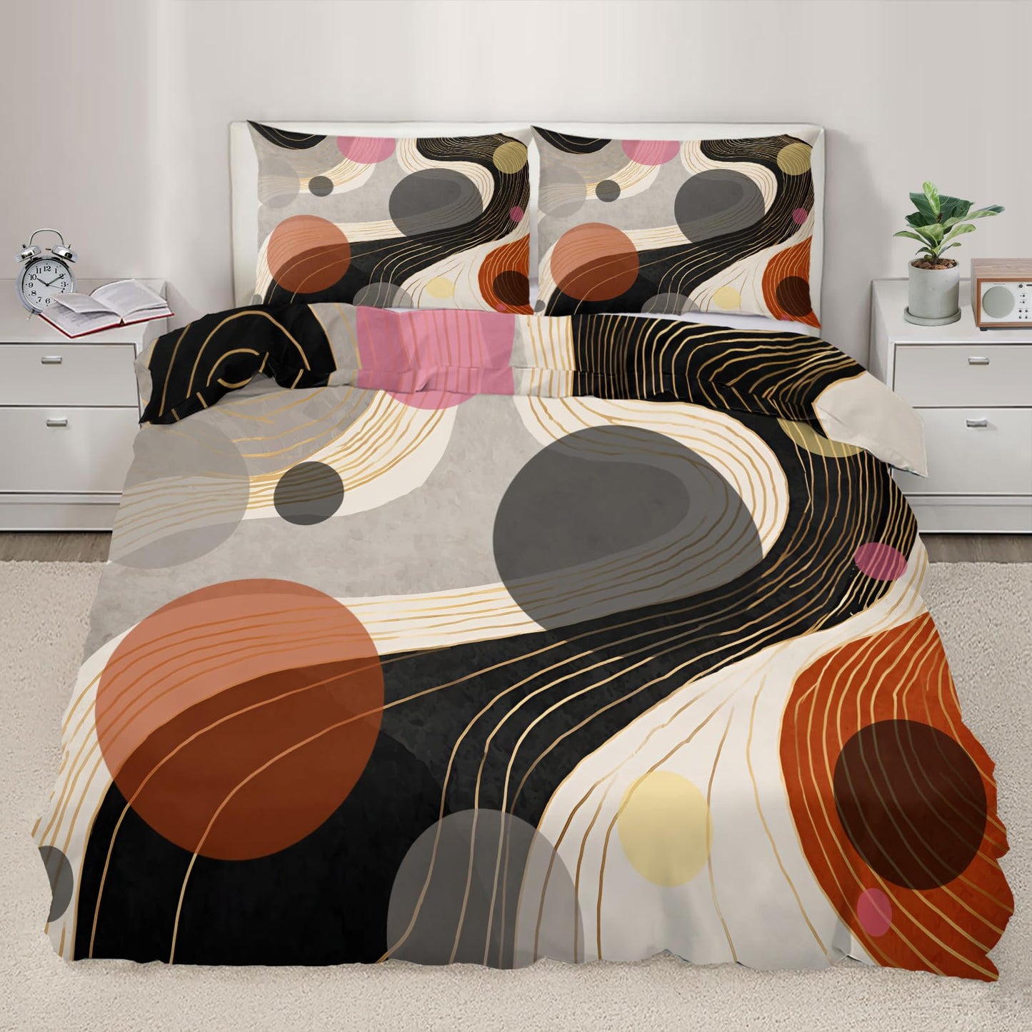 ZAOMIR Geometric Abstract Duvet Cover Twin Size for Teen Women Adult, Modern Geometric Line Bedding Set 3 Piece, Minimalist Mid Century Circle Patterned Comforter Cover with Zipper, 2 Pillowcases