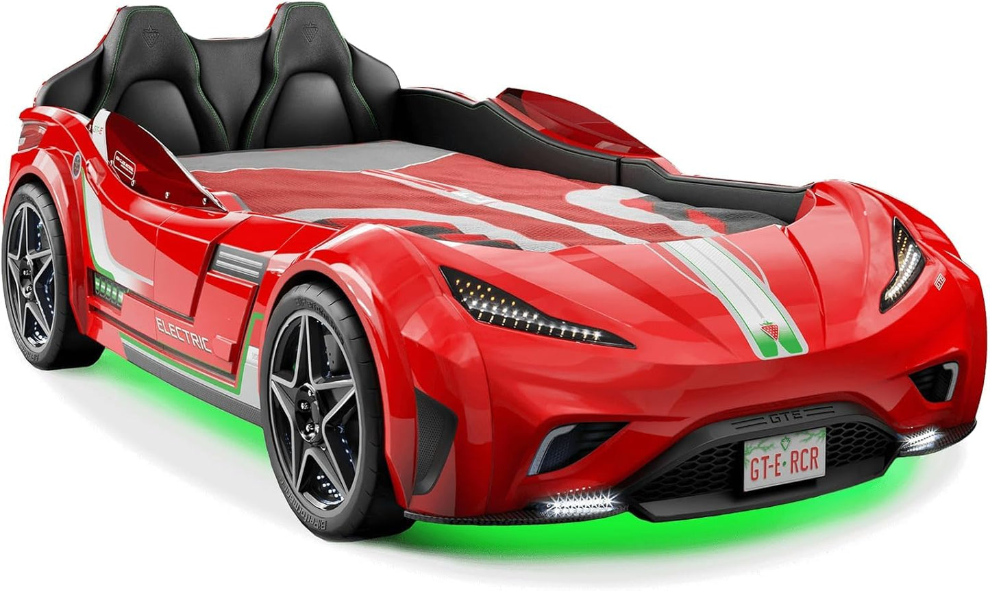 Cilek GTS EV Twin Kids Race Car Bed with Remote Control, LED Lights & Sounds, Vegan Leather Headboard, Guardrails, Non-Toxic, Fits Twin Mattress, Red