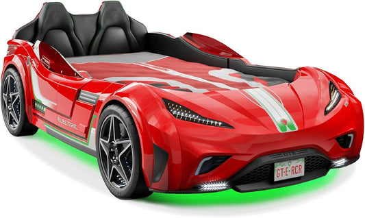 Cilek GTS EV Twin Kids Race Car Bed with Remote Control, LED Lights & Sounds, Vegan Leather Headboard, Guardrails, Non-Toxic, Fits Twin Mattress, Red