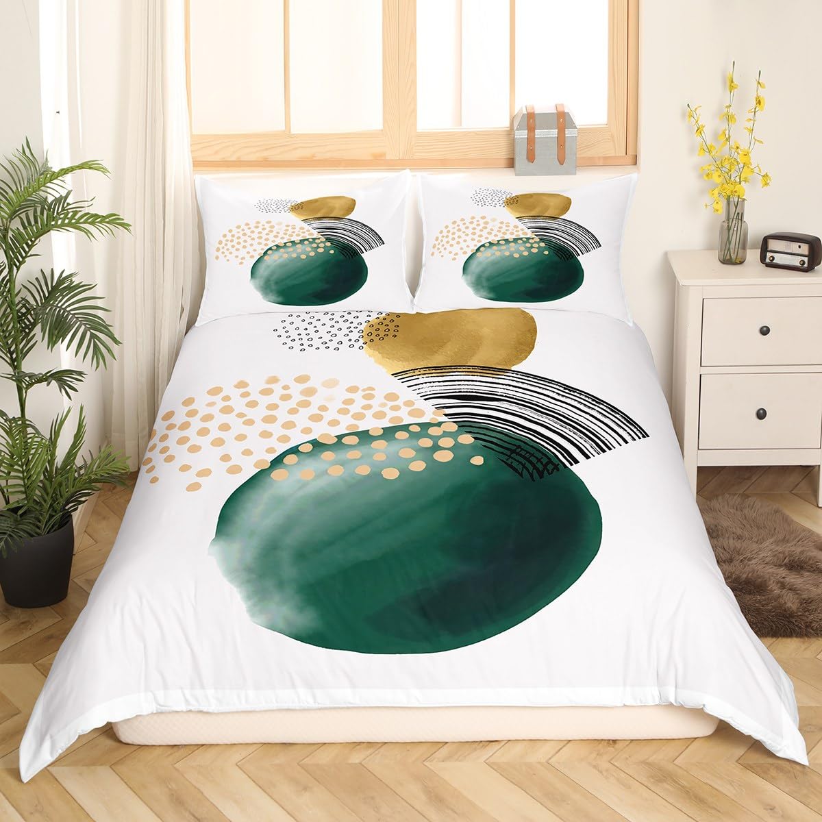 Erosebridal Abstract Artwork Bedding Sets Queen Geometric Circle Comforter Cover, Aesthetic Minimalist Bed Set Blackish Green Turqoise Duvet Cover, Beige White Quilt Cover Cozy Soft 3pcs