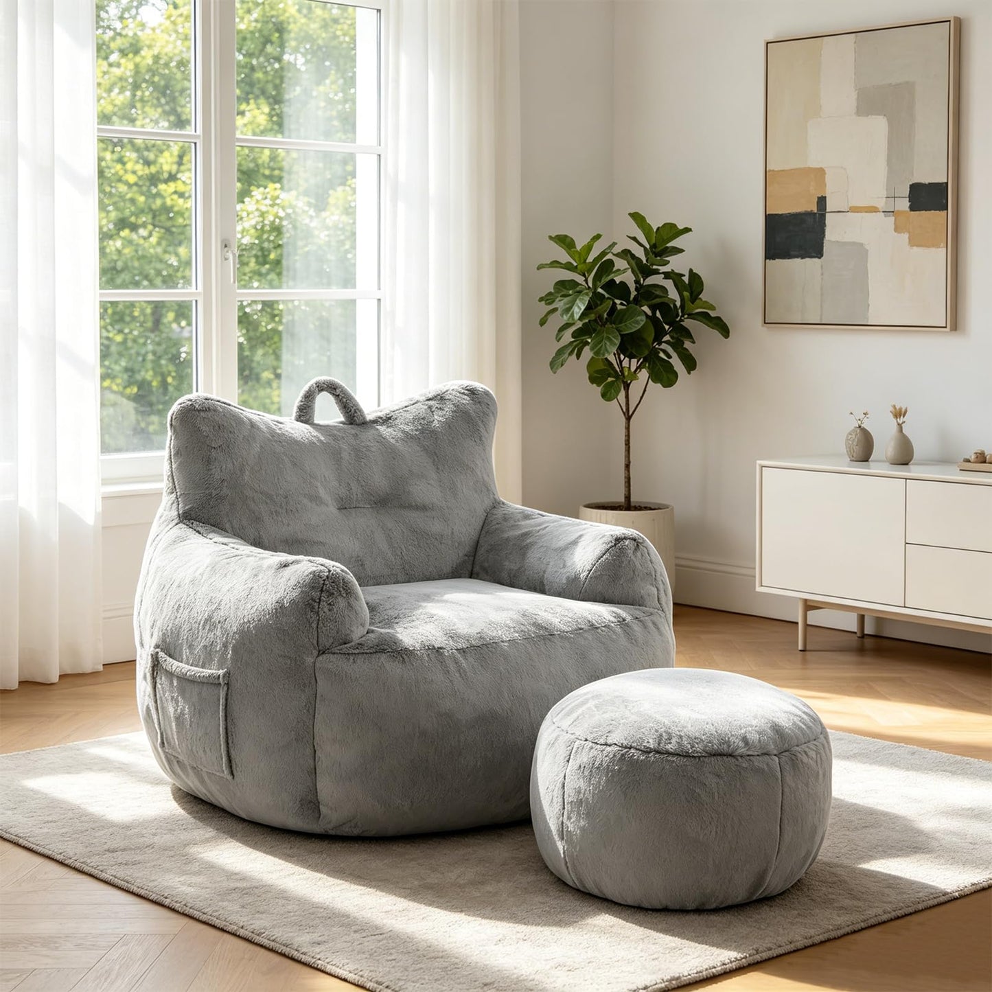 Giant Bean Bag Chair for Adults with Ottoman, Oversized Bean Bag with Filling Plush Fluffy,BeanBag Lazy Sofa Couch with Armrest for Bedroom, Stuffed Floor Sofa with Sidepocket for Living Room, Beige