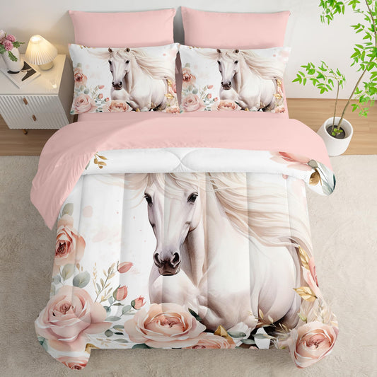 AILONEN Girls Horse Comforter Set Twin Size, Pink Flower White Bedding Set,7 Pieces Bed in a Bag,Cute Wild Animal Themed Comforter + Fitted/Flat Sheet + 2 Pillowcases + 2 Shams