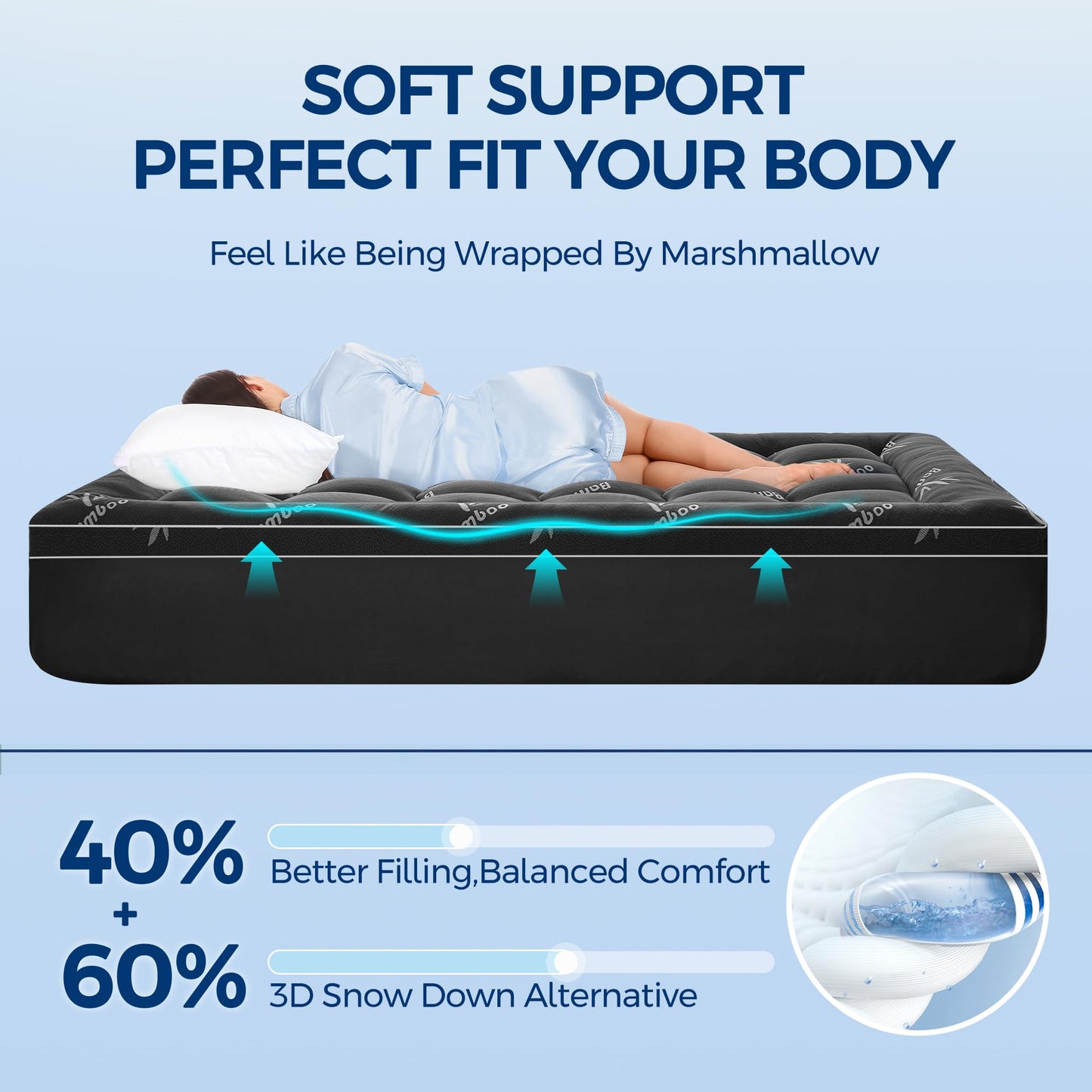Mattress Topper Queen Size, Cooling Extra Thick Breathable Viscose Made from Bamboo Mattress pad, Soft Quilted Fitted Mattress Cover with 1000 GSM Down Alternative Fill (8-21”Deep Pocket) Dark Gray