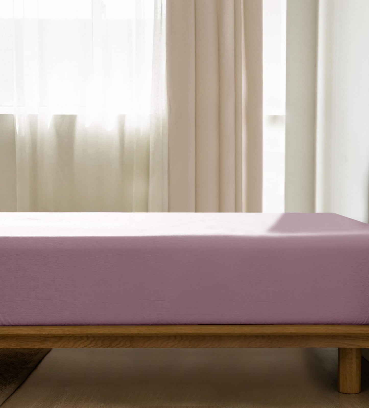 MooMee Fitted Bottom Sheet Only 100% Washed Cotton Linen Like Textured Breathable Durable Soft Comfy Deep Pocket Fits Mattress up to 17" (Light Purple, Queen)
