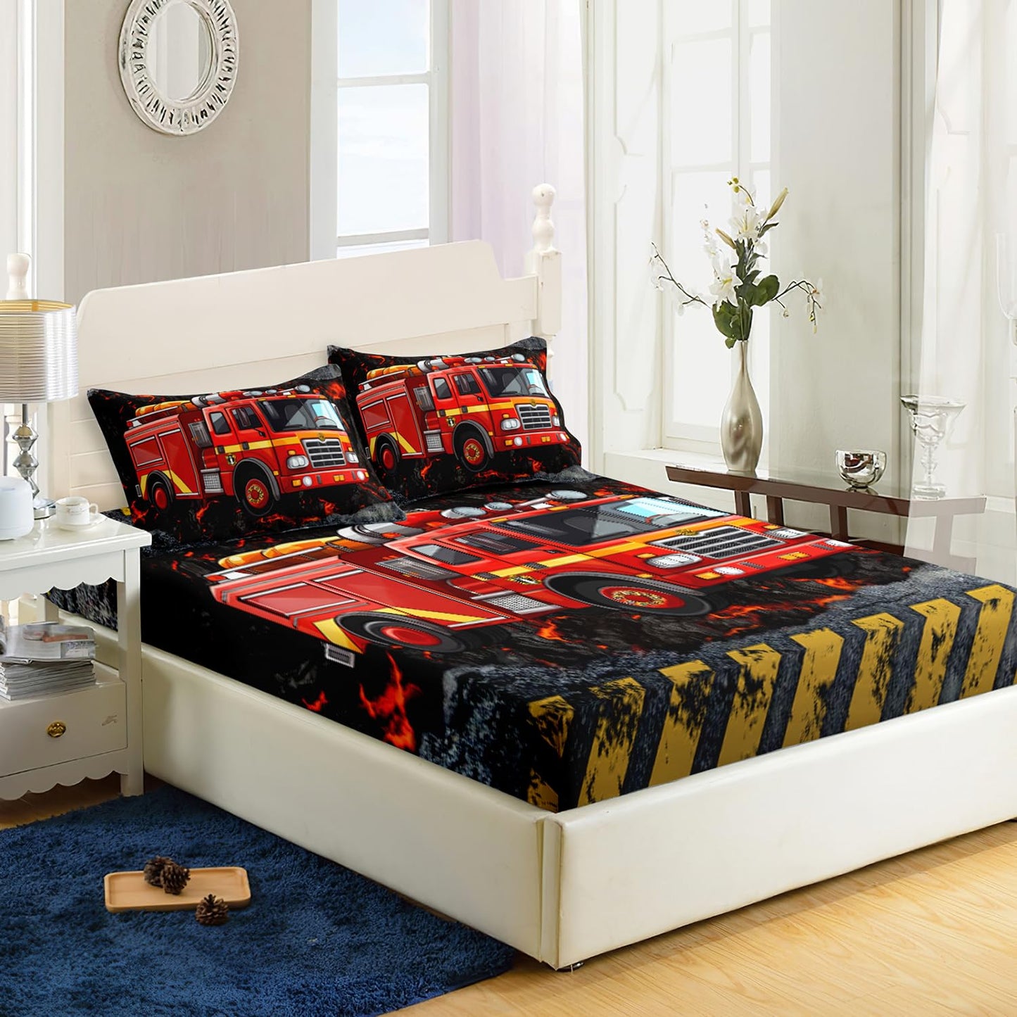 AILONEN Cartoon Red Fire Truck Fitted Sheet Set Twin Size, Fire Rescue Car Bedding Set for Kids,Boys,Girls,Teens, Emergency Rescue Vehicle Bed Sheet Set,3-Piece, 1 Fitted Sheet and 2 Pillowcases