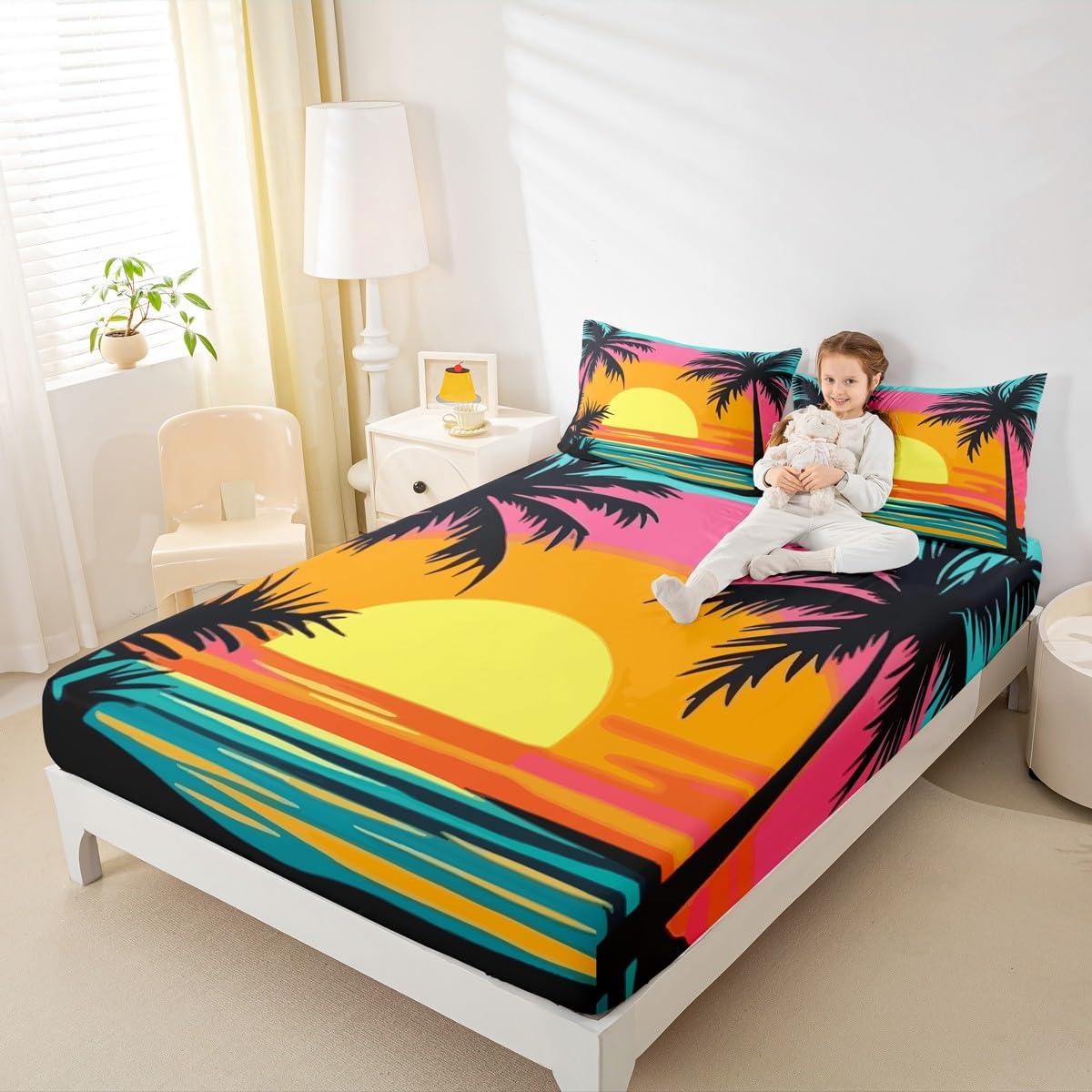 jejeloiu Beach Sunset Bedding Sheets Queen Size Palm Tree Bed Sheet Set for Kids Boys Girls Ocean Beach Fitted Sheet Blue Pink Yellow Bed Cover 3Pcs,1 Fitted Sheet+2 Pillow Sham（No Flat Sheet）