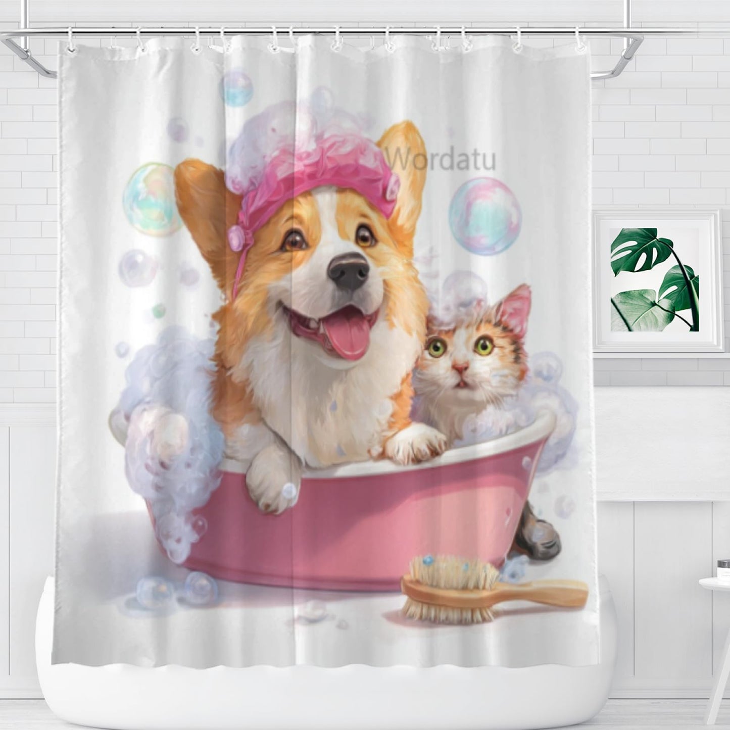 Wordatu Funny Corgi Shower Curtain Decor Fabric Bathroom Curtains, Kids Children Cartoon Waterproof 72x72 inch with 12 Hooks