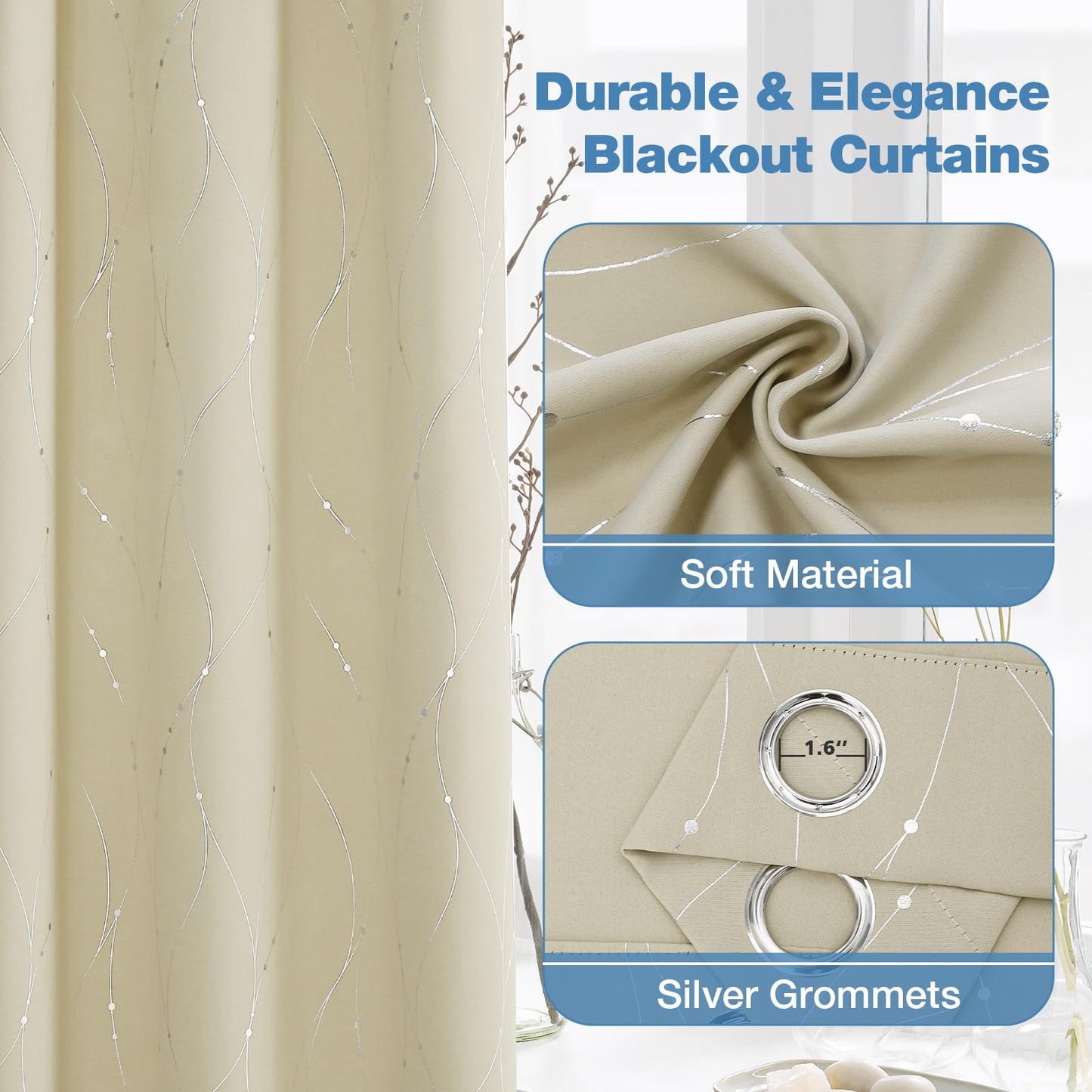 BUHUA Beige Curtains for Bedroom 84 Inch Length Silver Foil Print Light Blocking Curtains, Thermal Insulated Drapes, 38 x 84 Inch, Beige, 2 Panels