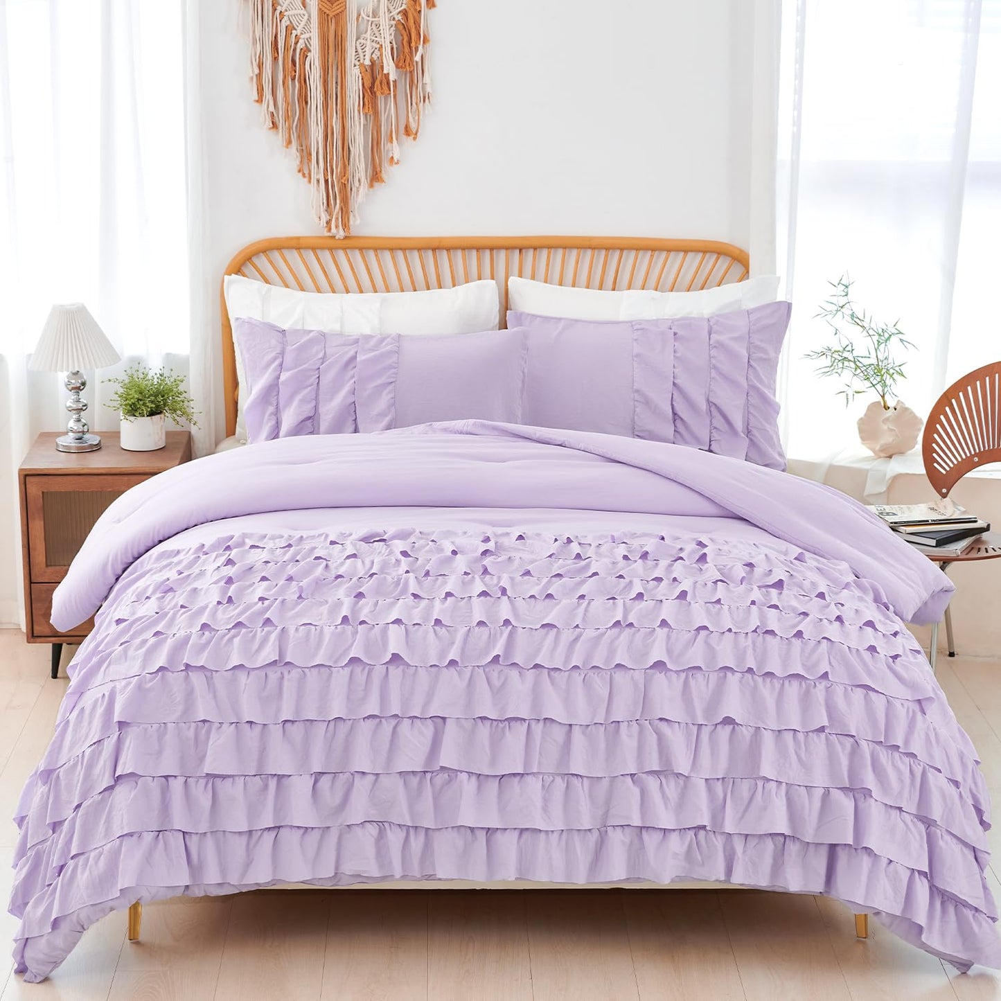 PERFEMET Lavender Purple Twin Bedding Sets for Girls 3 Pieces Multi Layers Ruffle Comforter Set Washed Microfiber Cute Princess Bedding Set Boho Bed Sets for Kids Teens Bedroom(Purple,Twin)