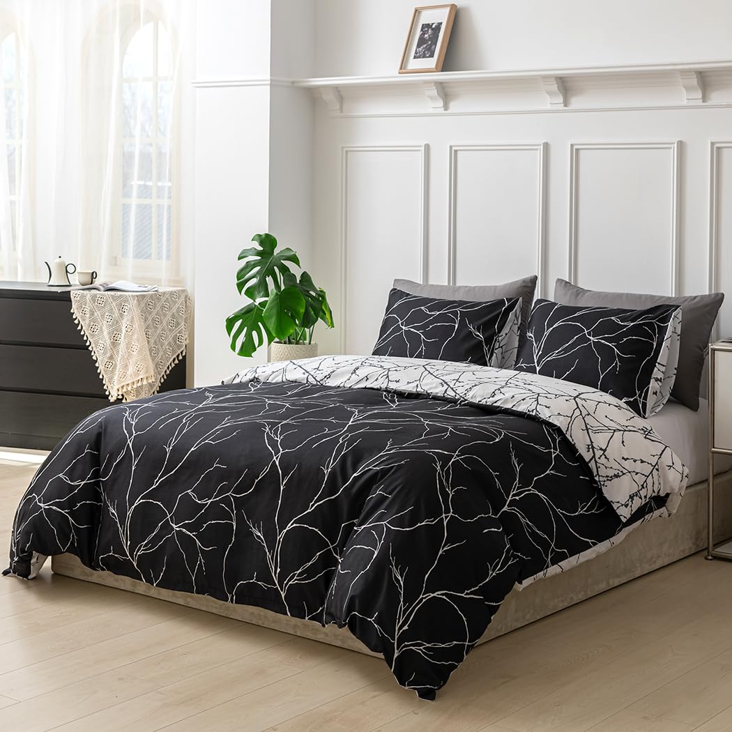 Lekesky Reversible Duvet Cover King Size, Black White Branch Comforter Cover King 3pcs Microfiber Botanical Bedding Set with Zipper Closure Corner Ties