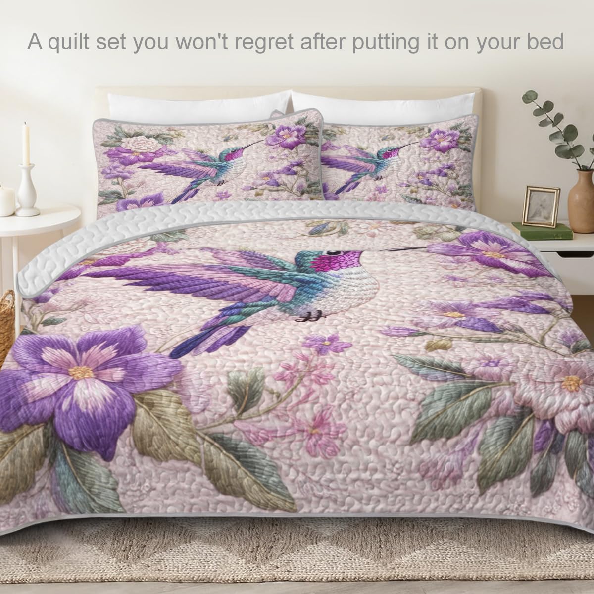 ARIGHTEX Flower Bird Quilt Set Queen Size Purple Floral Hummingbird Bedding Set Lightweight Botanical Quilt Soft Microfiber Bedspread Elegant Spring Coverlet Set with Pillow Shams