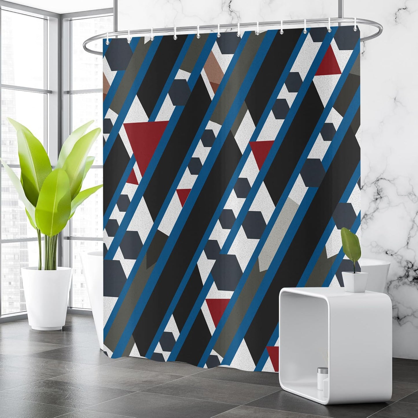 deFouliao Blue Geometric Shower Curtain Abstract Modern Black Red Geometry Art Bathroom Curtain Sets for Bath Home Decor Luxury Hotel, Waterproof Fabric with Hooks, 72x72 Inch