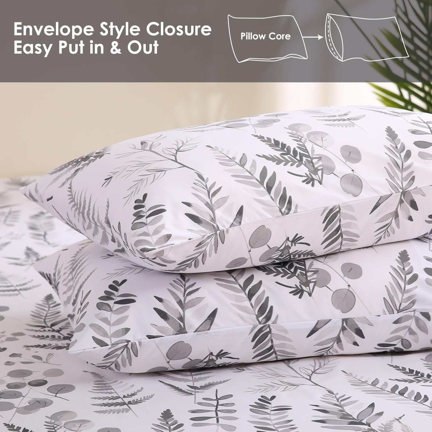 JSD Boho Floral Sheet Set Queen Size, 4 Piece Grey Herbs Ferns Printed Microfiber Bed Sheets Deep Pocket
