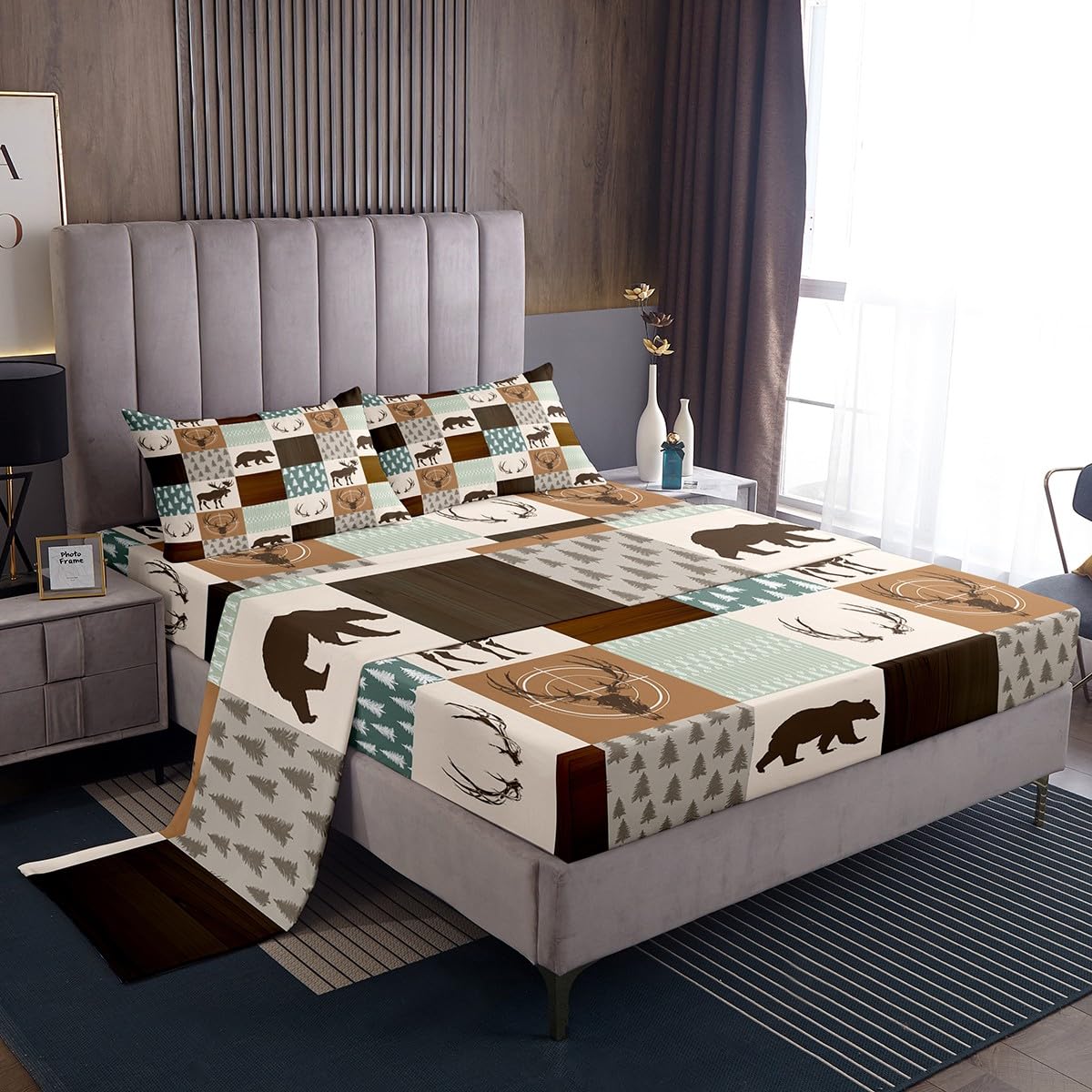 Castle Fairy Wild Animal Hunting Bed Sheet Set King Size,Rustic Bear Deer Antler Arrow Patchwork Fitted + 1 Flat 2 Pillowcases,Green Plaid Retro Country Board Breathable Mattress Cover, Bedroom Decor