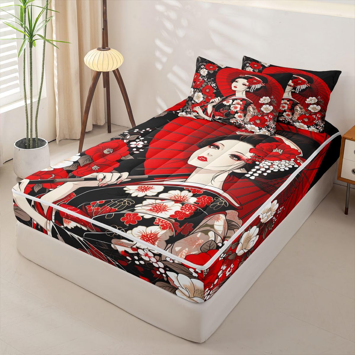 Erosebridal Japanese Zip Up Bedding Comforter Sets Twin Size, Geisha Comforter in One Zipper - Japan Women Bedding Set with Pillowcases