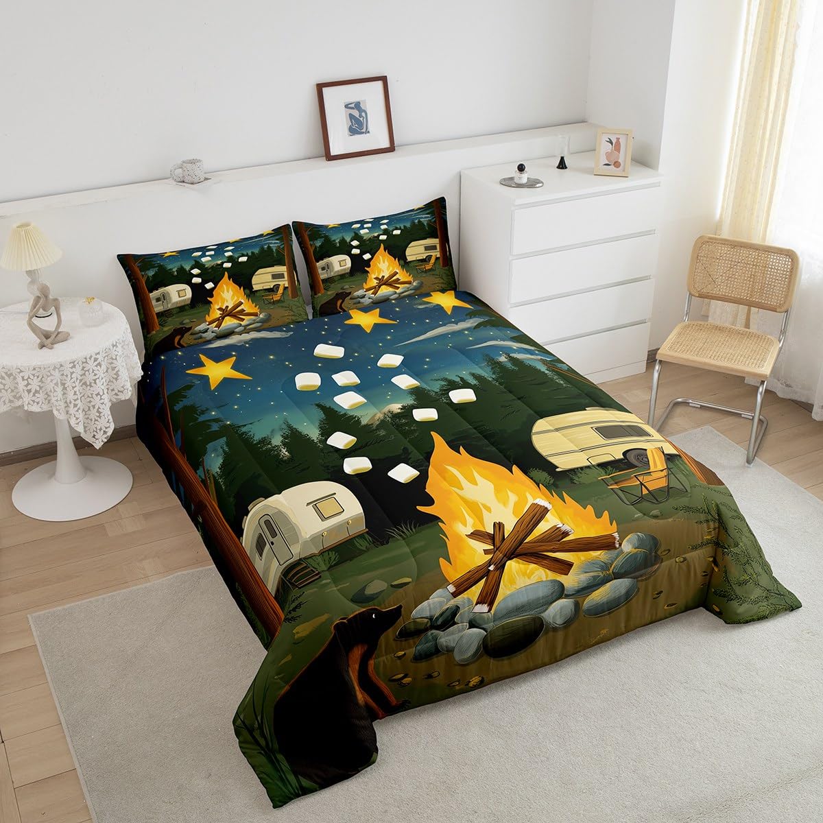 Erosebridal Rv Camper Bedding Sets King,Happy Camping Comforter Set for Kids Adults Wild Campfire Duvet Insert Rustic Starry Night Quilt