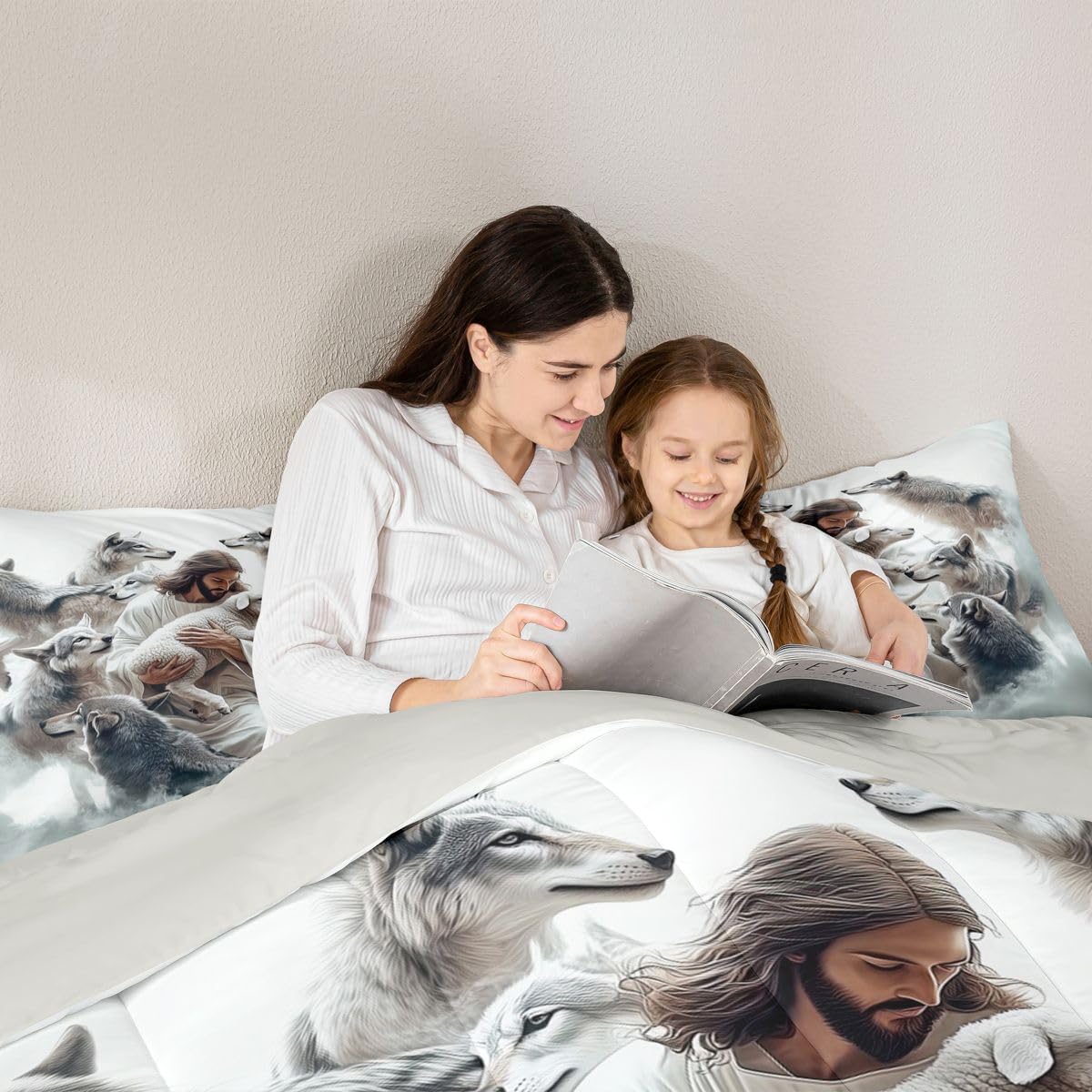 God and Lamb Kids Comforter Set Twin Size,Saving the Lost Sheep Western Bedding Set Boy Girl Room Decor,Bible Verse Spiritual Quilt Comforter,White Gray Duvet Set Bedroom Quilt Set,1 Pillowcase