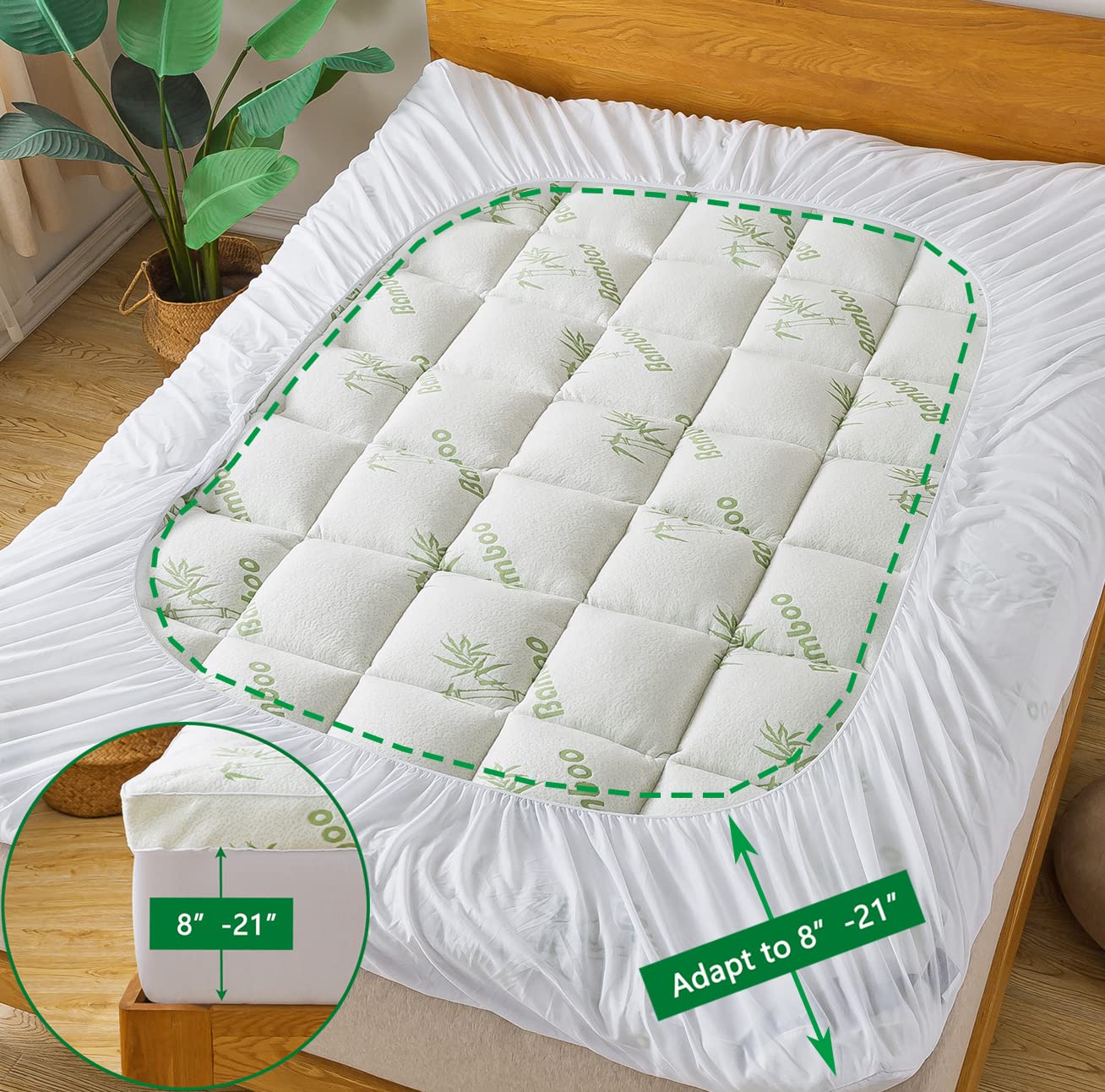 Bamboo_Viscose Mattress Topper Full Size, Cooling Extra Thick Breathable Mattress pad, 8-21”Deep Pocket Soft Quilted Fitted Mattress Cover with Down Alternative Fill