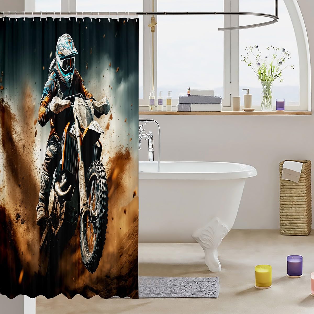 Feelyou Boys Girls Dirt Bike Shower Curtain Extreme Sports Bath Curtain Racing Motocross Bathroom Shower Curtain Set Kids Motorcycle Teens Bathroom Accessories Room Decor 72"x78"