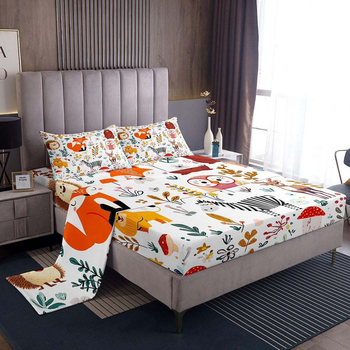 Erosebridal Kids Fox Bed Sheets Set King Size,Cartoon Bear Deer Bedding Set Cute Flower Animal Sheet Set for Boys Girls,Wild Flower Leaf Decor Fitted Sheet Flat Sheet 2 Pillow Cases