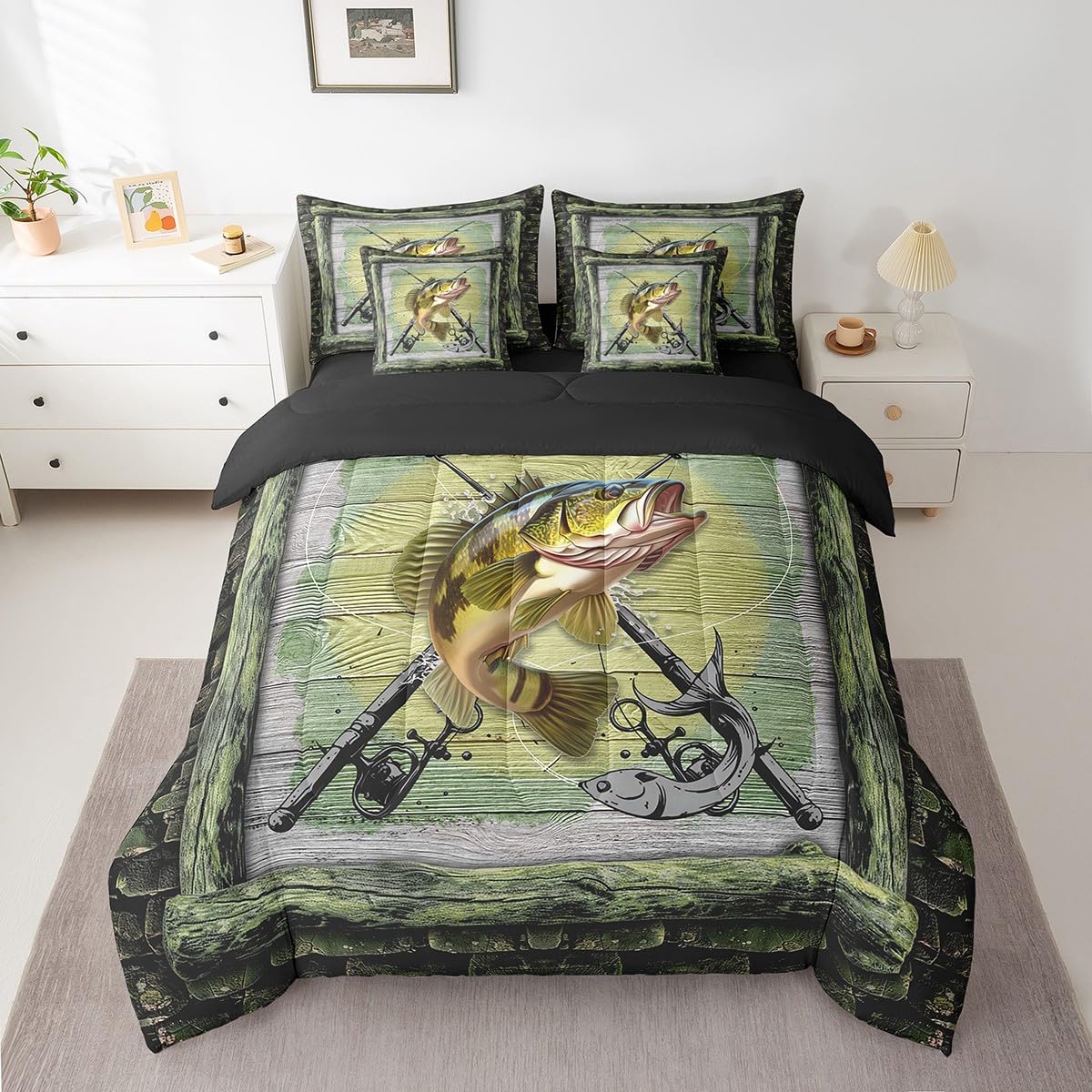 Feelyou Fishing and Hunting 7 Pieces Bedding Set Queen Size,Pike Fish Bed in a Bag Set Decor,Bass Big Fish Bed Set Includes Comforter, Sheet Set, Pillowcases Rustic Wooden Bedroom Green