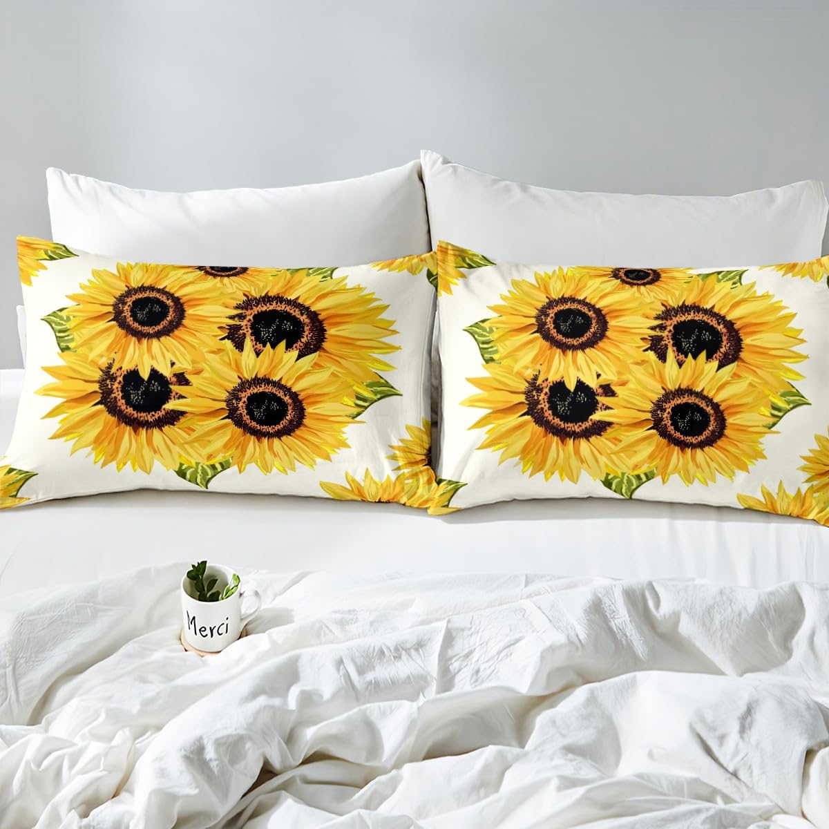 Homewish Sunflowers Bedding Set 3pcs Yellow Flowers Comforter Cover Yellow Sunflowers Printed Design Duvet Cover Set Botanical Bedspread Cover with 2 Pillow Cases(No Comforter) Queen Size