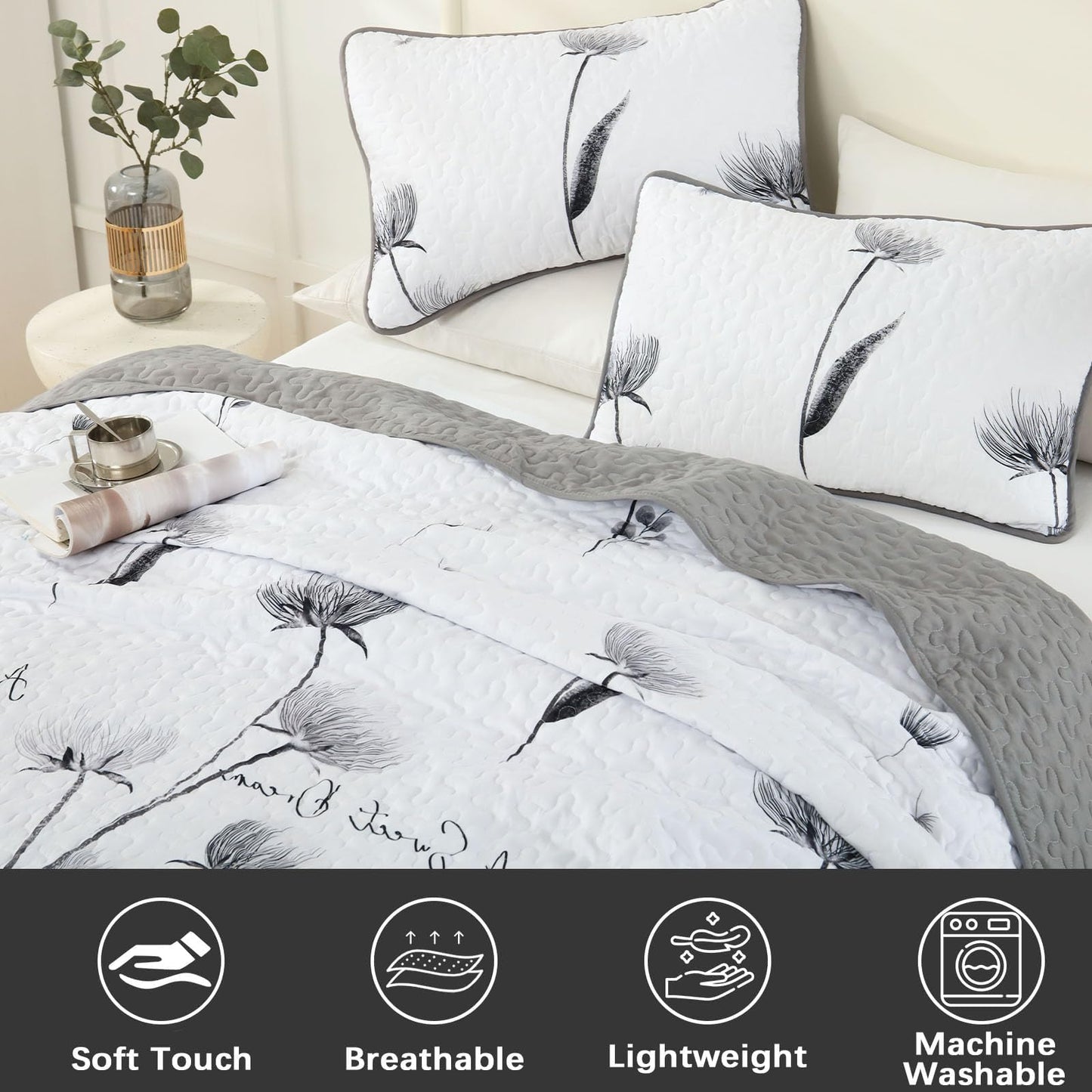 Dinjoy Floral Quilt Set Queen Size,Grey White Bedspread Coverlet Botanical 3 Pieces Fall Quilts Microfiber Lightweight Flower Bedspreads Soft Reversible Farmhouse Bed Cover for All Season(96"x90")
