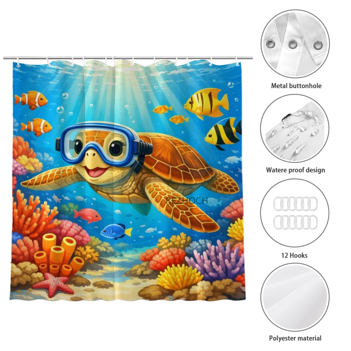 REZHOCH Kids Ocean Shower Curtain 72x72Inch Fun Sea Turtle Snorkeling Underwater Tropical Fish Coral Reef Home Bathroom Decor,Boy Girl Cartoon Animal Coastal Bath Set with Hooks