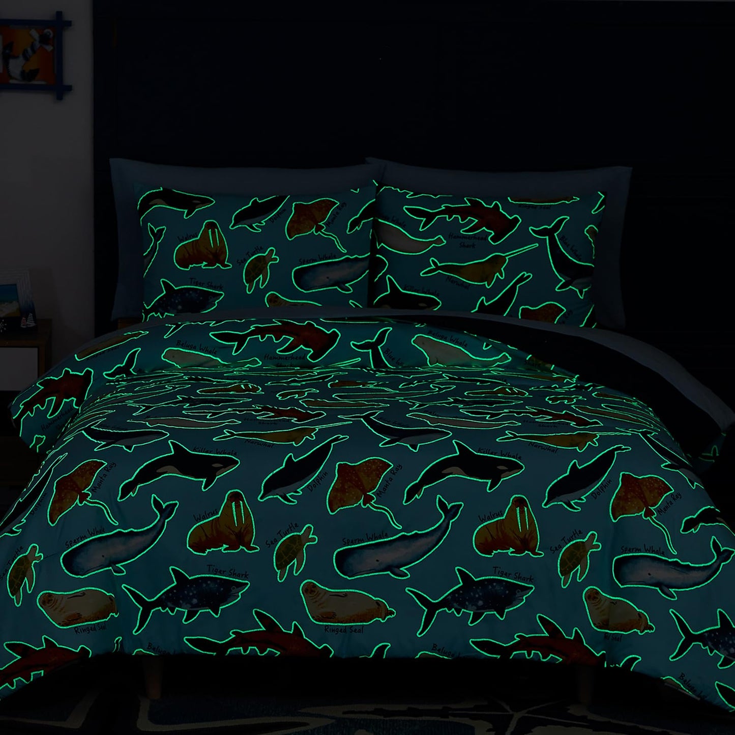 Wink Deer Full Size Comforter Set for Boys-7 Pieces Ocean Animals Glow in the Dark Full Bedding Sets for Kids, Ultra Soft Bed in A Bag with Sheets